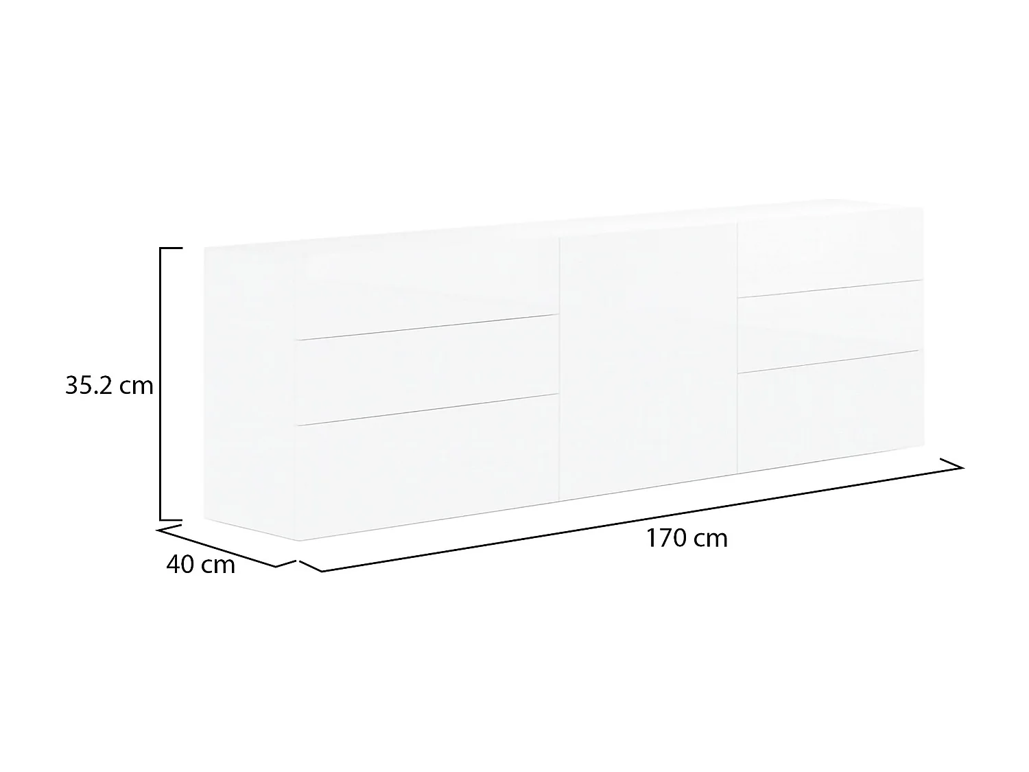 Buffet Agito, 6 tiroirs, fabriqué en Italie, 170x40x60h cm blanc laqué, bahut, 1 porte, ouverture battante, coulissante