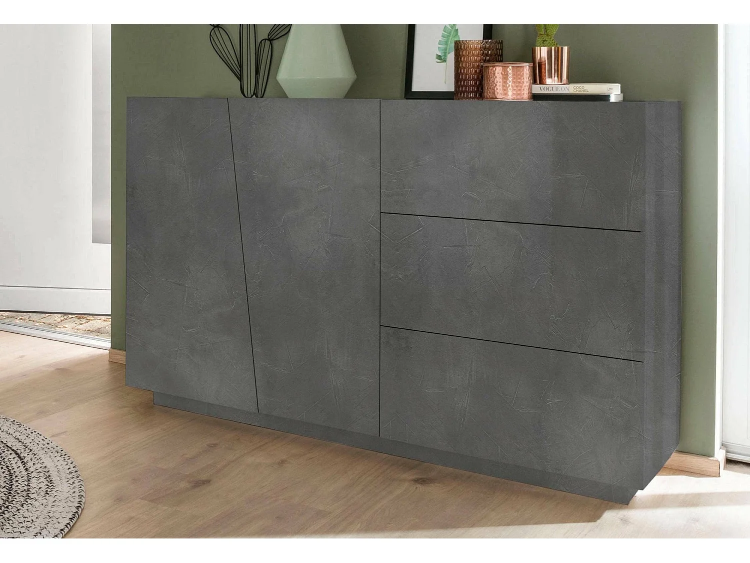 Buffet Dficagn, Buffet de cuisine avec 2 portes et 3 tiroirs, Buffet de salon, 100% Made in Italy, 141x43h86 cm, Ardoise