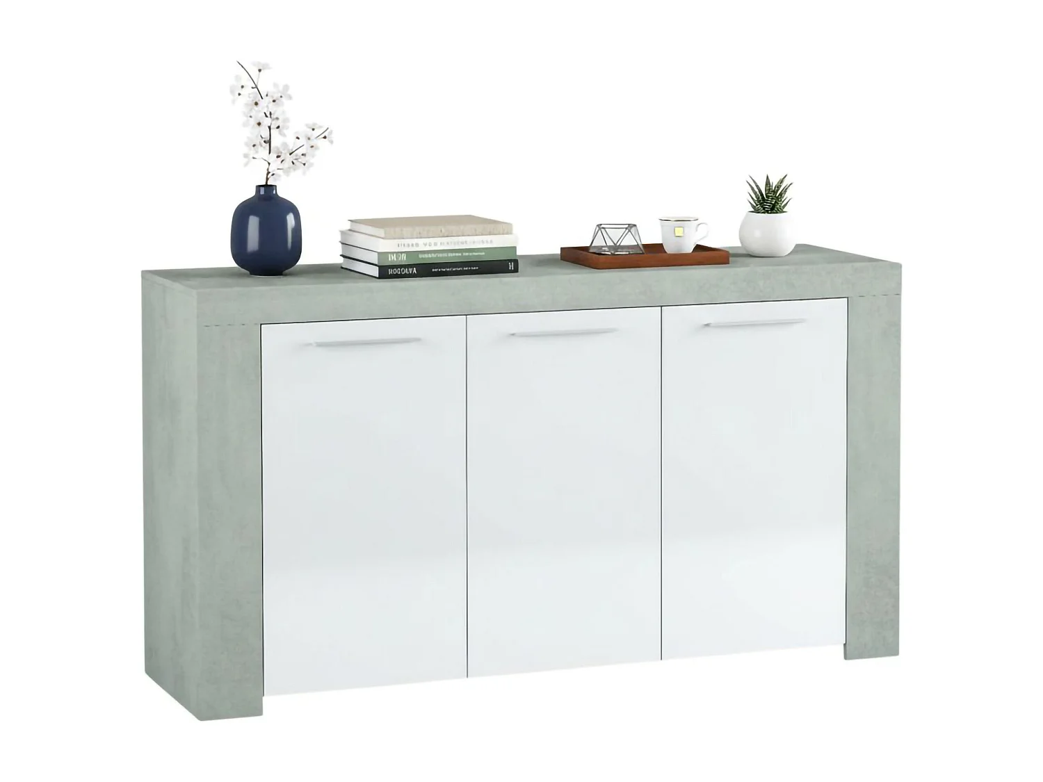 Buffet Dalbiera, Buffet de salon, Meuble TV, Buffet pour salon, Armoire moderne avec 3 portes, 144x42h80 cm, Ciment et Blanc