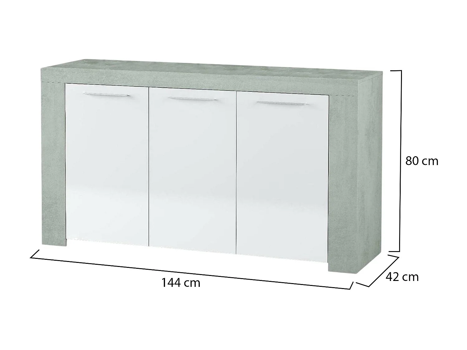 Buffet Dalbiera, Buffet de salon, Meuble TV, Buffet pour salon, Armoire moderne avec 3 portes, 144x42h80 cm, Ciment et Blanc