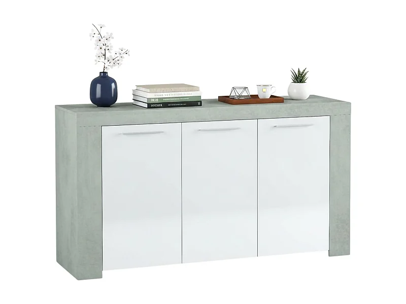 Buffet Dalbiera, Buffet de salon, Meuble TV, Buffet pour salon, Armoire moderne avec 3 portes, 144x42h80 cm, Ciment et Blanc