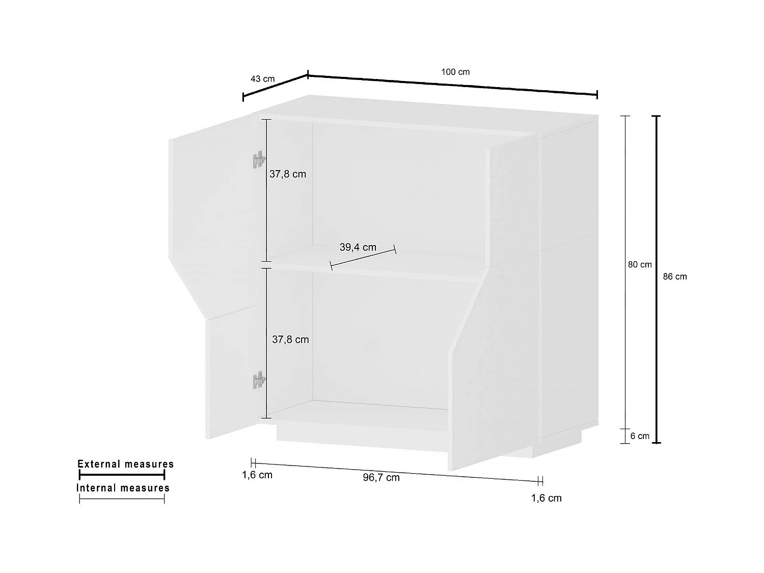 Buffet Dceesa, Buffet de cuisine avec 2 portes géométriques, Buffet de salon, Buffet de cuisine, 100% Made in Italy, 79x43h86 cm, Blanc brillant et érable