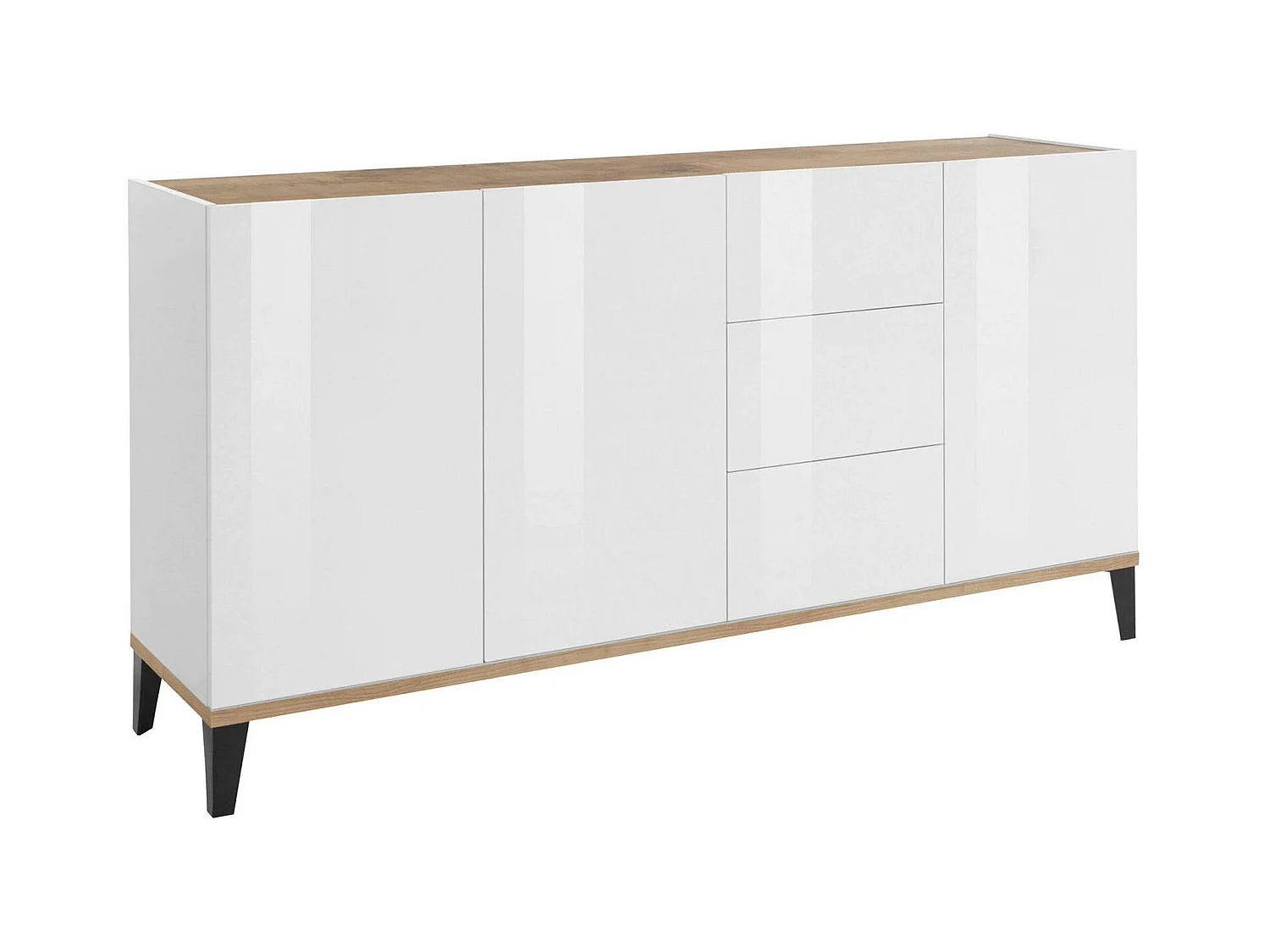 Buffet Dlong, buffet de cuisine 3 portes et 3 tiroirs, Buffet de salon, 100% Made in Italy, 160x40h82 cm, Blanc brillant et érable
