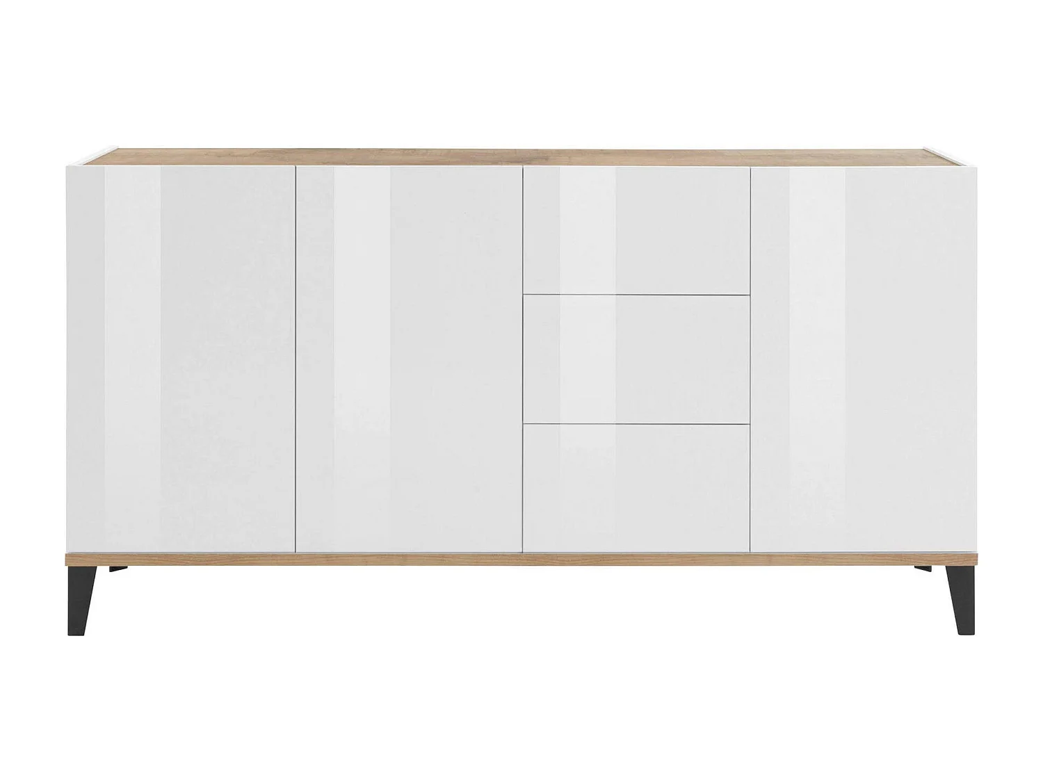 Dlong Dressoir, Keukendressoir met 3 deuren en 3 laden, Woonkamerbuffet, 100% Made in Italy, 160x40h82 cm, Glanzend wit en esdoorn