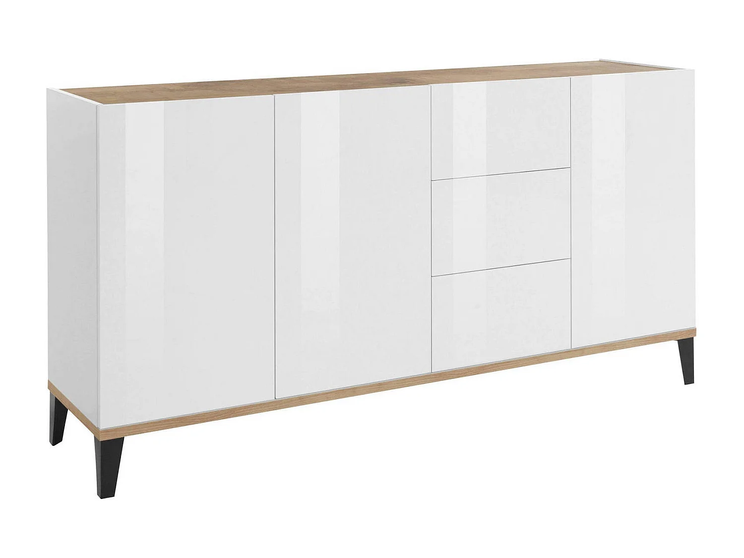 Buffet Dlong, buffet de cuisine 3 portes et 3 tiroirs, Buffet de salon, 100% Made in Italy, 160x40h82 cm, Blanc brillant et érable