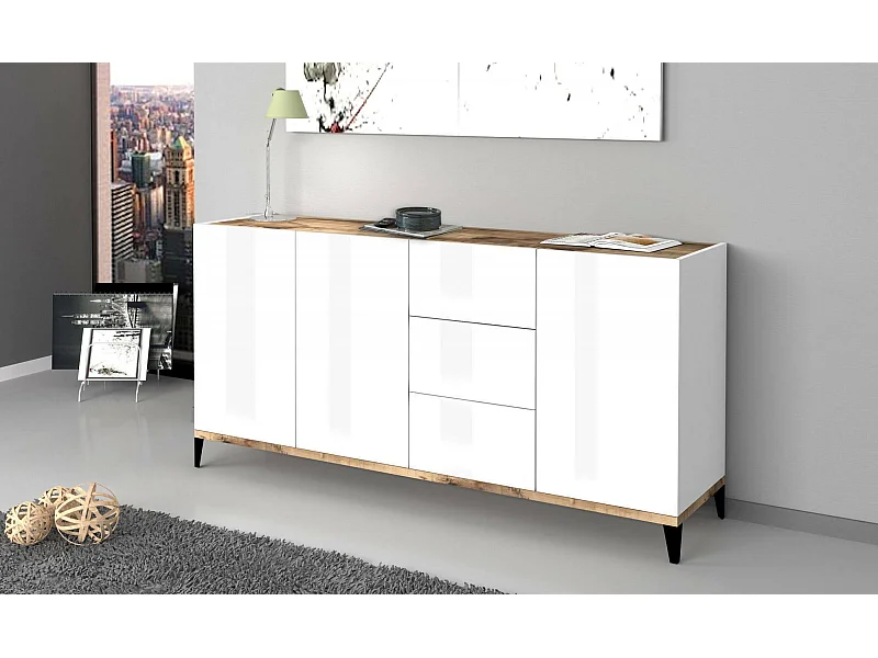 Kommode Dlong, Küchen-Sideboard mit 3 Türen und 3 Schubladen, Wohnzimmer-Buffet, 100% Made in Italy, cm 160x40h82, glänzend weiÃŸ und Ahorn