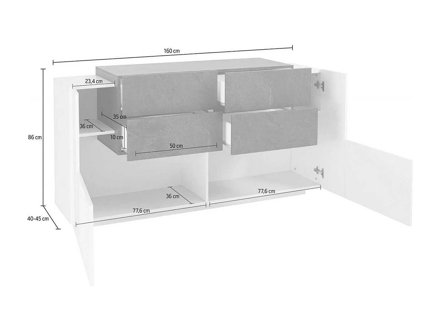 Aparador Daas, Aparador de cocina con 2 puertas y 4 cajones, Buffet de salón, Aparador de cocina, 100% Made in Italy, cm 160x45h86, Blanco Brillo y Pizarra