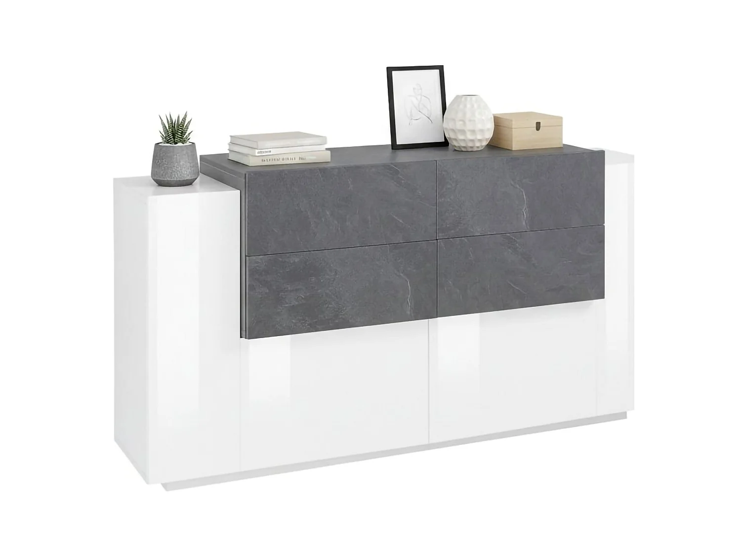 Buffet Daas, Buffet de cuisine avec 2 portes et 4 tiroirs, Buffet de salon, Buffet de cuisine, 100% Made in Italy, 160x45h86 cm, Blanc brillant et ardoise