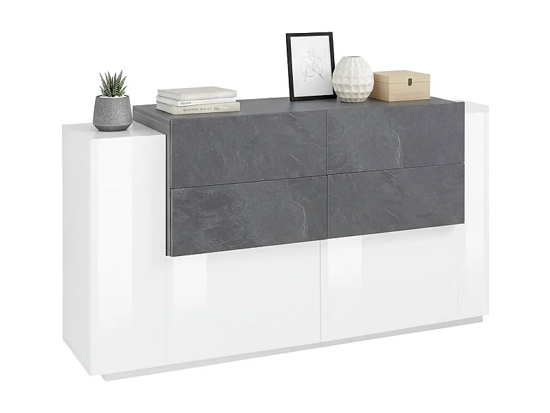Buffet Daas, Buffet de cuisine avec 2 portes et 4 tiroirs, Buffet de salon, Buffet de cuisine, 100% Made in Italy, 160x45h86 cm, Blanc brillant et ardoise