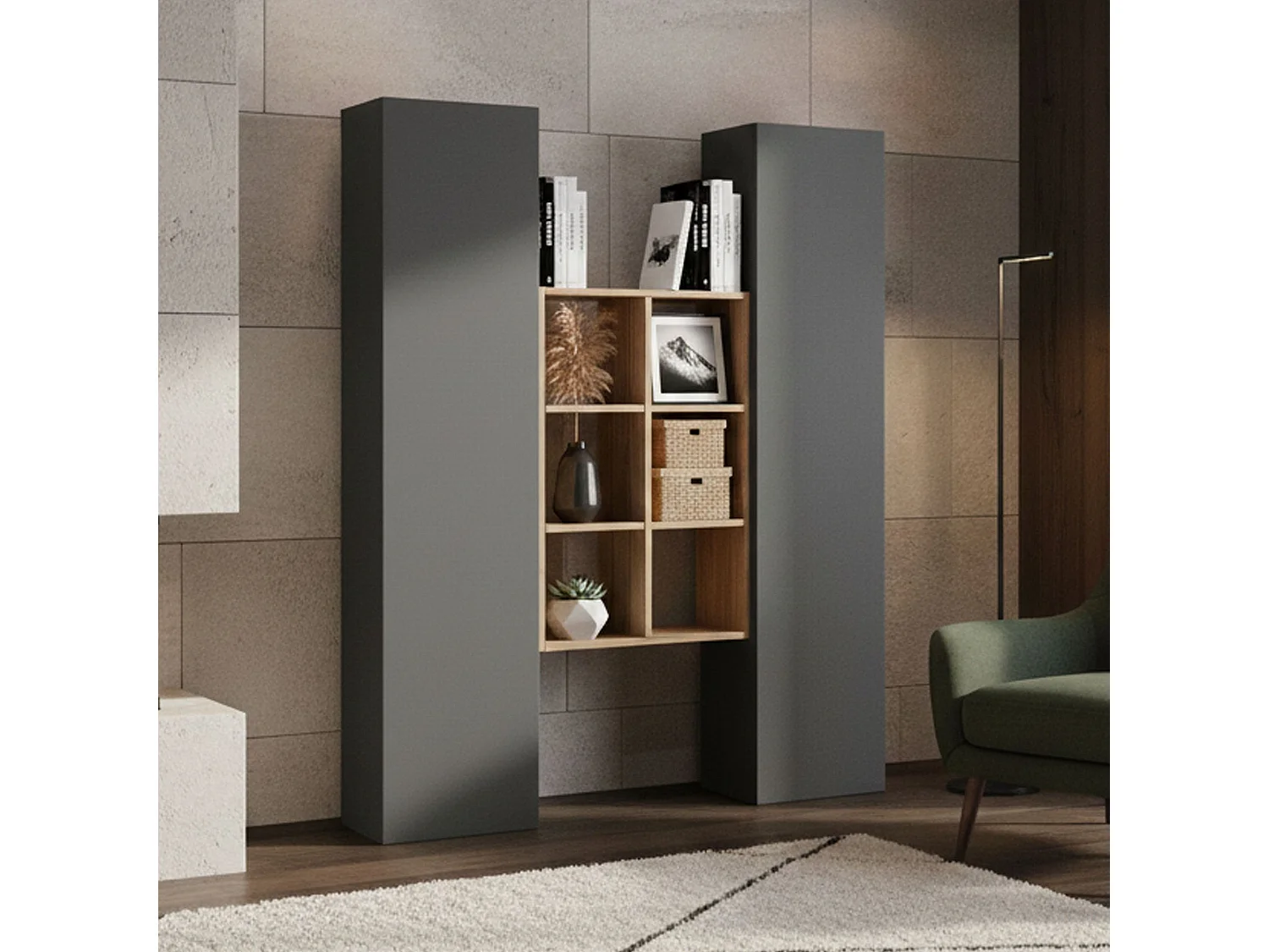 Kommode Ddeluc, Wohnzimmer-Set mit 2 Türen und Regalen, Wohnzimmer-Buffet, Küchen-Sideboard, 100% Made in Italy, cm 140x30h180, Anthrazit und Ahorn