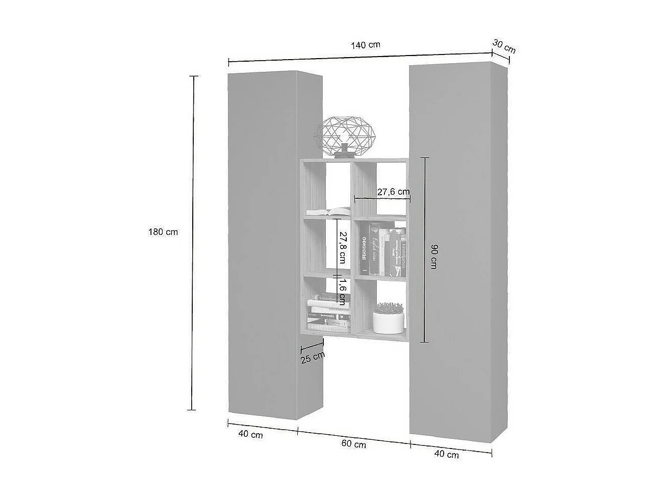 Kommode Ddeluc, Wohnzimmer-Set mit 2 Türen und Regalen, Wohnzimmer-Buffet, Küchen-Sideboard, 100% Made in Italy, cm 140x30h180, Anthrazit und Ahorn
