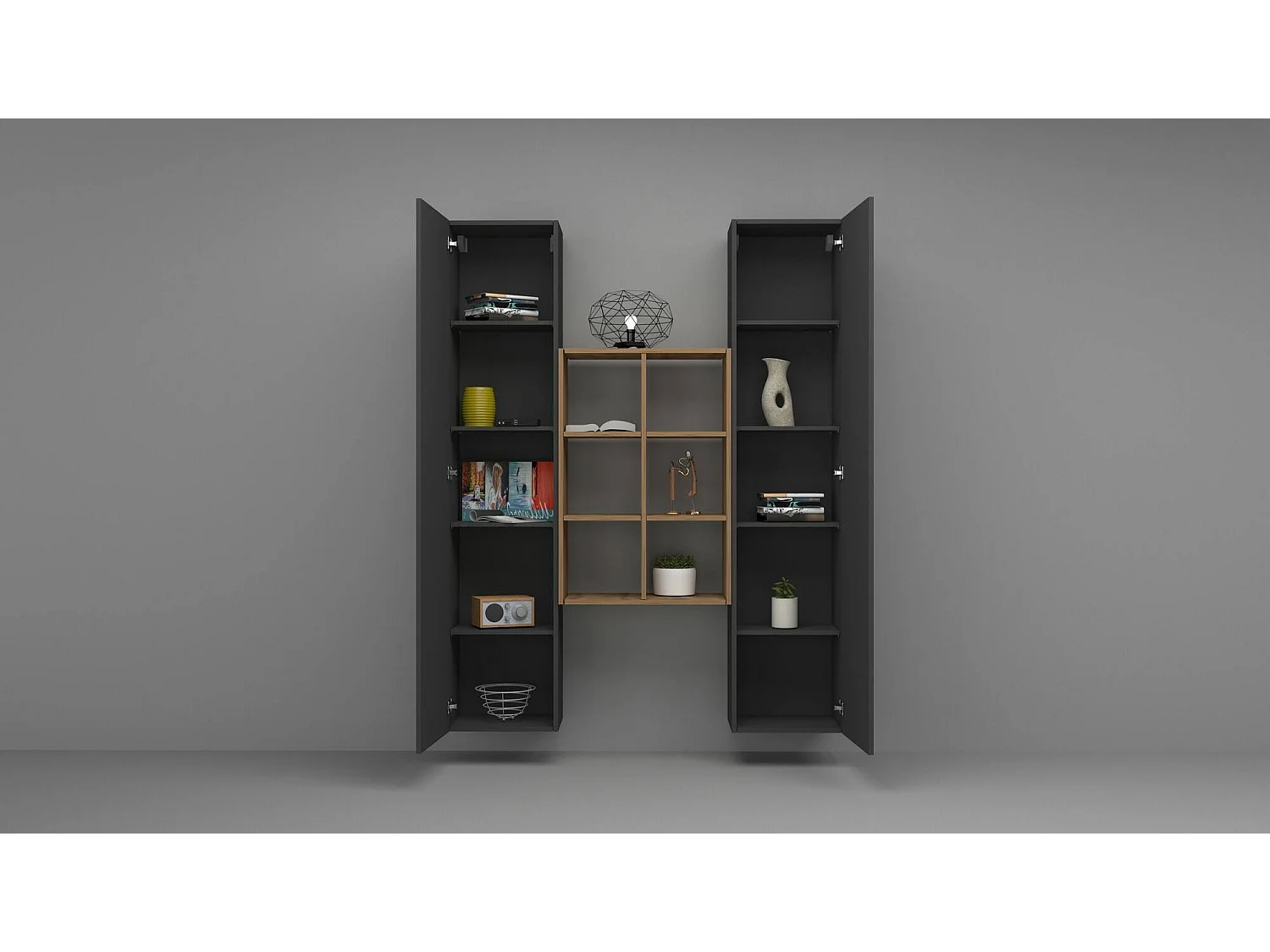 Kommode Ddeluc, Wohnzimmer-Set mit 2 Türen und Regalen, Wohnzimmer-Buffet, Küchen-Sideboard, 100% Made in Italy, cm 140x30h180, Anthrazit und Ahorn