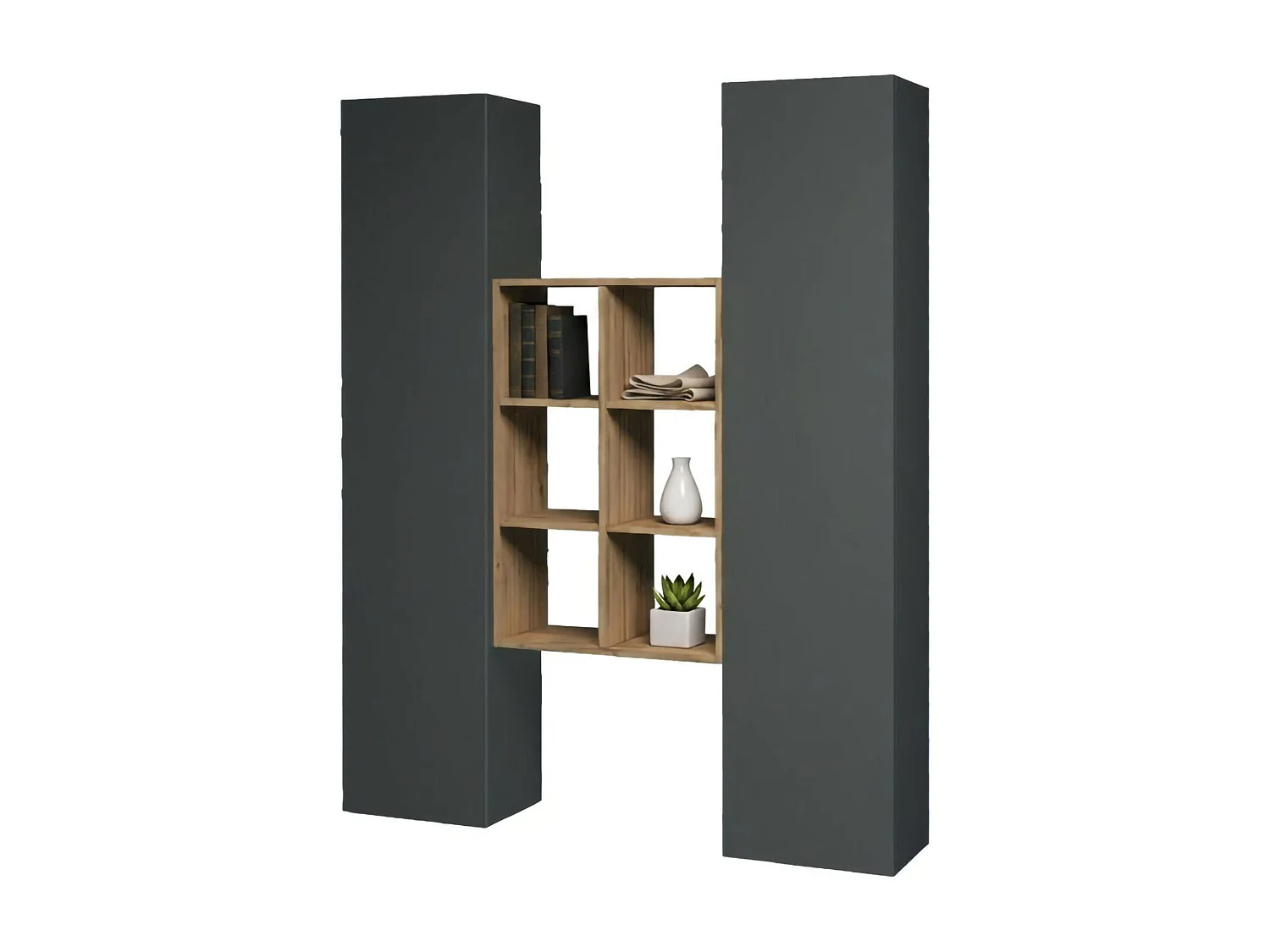 Buffet Ddeluc, Ensemble de salon avec 2 portes et étagères, Buffet de salon, Buffet de cuisine, 100% Made in Italy, 140x30h180 cm, Anthracite et Érable
