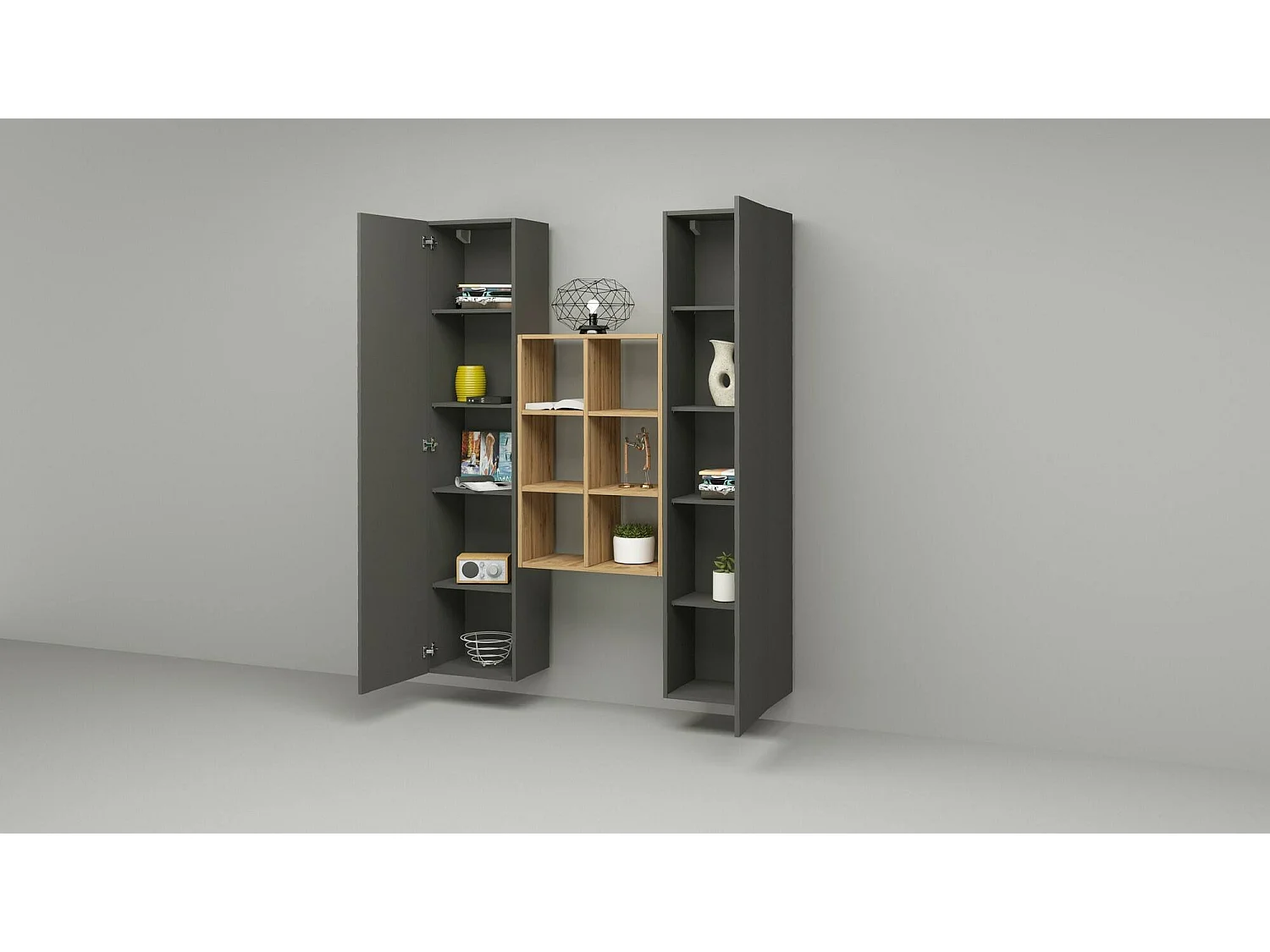Buffet Ddeluc, Ensemble de salon avec 2 portes et étagères, Buffet de salon, Buffet de cuisine, 100% Made in Italy, 140x30h180 cm, Anthracite et Érable
