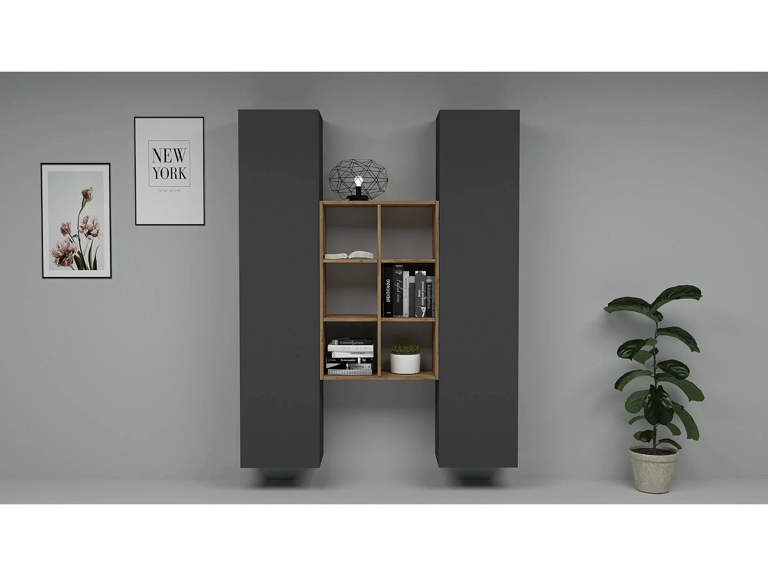Buffet Ddeluc, Ensemble de salon avec 2 portes et étagères, Buffet de salon, Buffet de cuisine, 100% Made in Italy, 140x30h180 cm, Anthracite et Érable