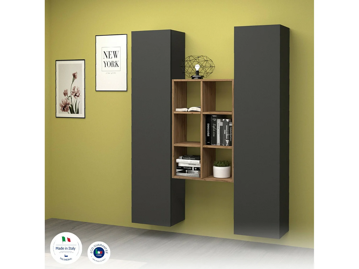 Buffet Ddeluc, Ensemble de salon avec 2 portes et étagères, Buffet de salon, Buffet de cuisine, 100% Made in Italy, 140x30h180 cm, Anthracite et Érable