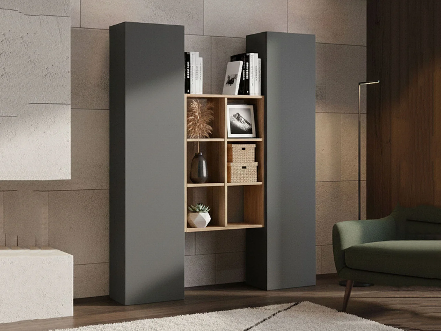 Ddeluc Dressoir, Woonkamerset met 2 deuren en planken, Woonkamerbuffet, Keukendressoir, 100% Made in Italy, 140x30h180 cm, Antraciet en Esdoorn