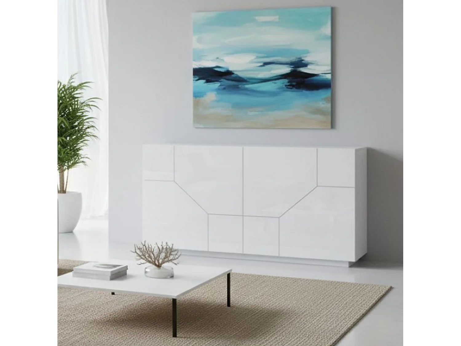 Buffet Dmeron, Buffet de cuisine 4 portes, Buffet de salon, 100% Made in Italy, 200x43h86 cm, Blanc brillant