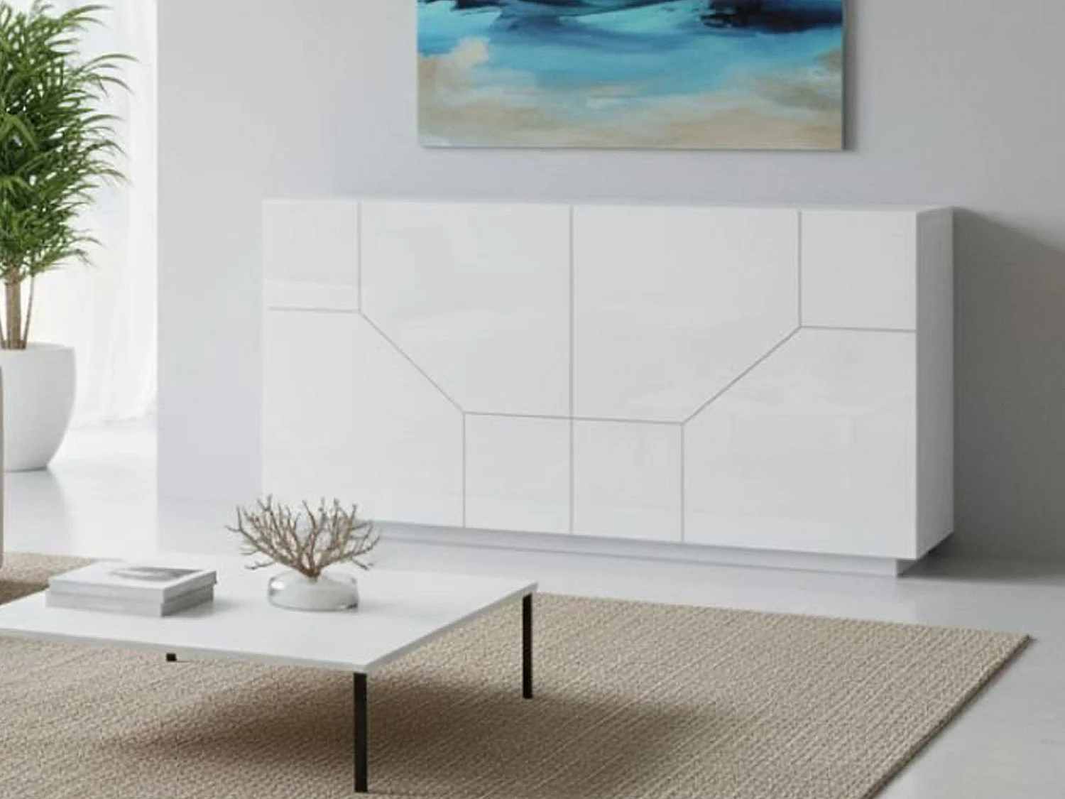Buffet Dmeron, Buffet de cuisine 4 portes, Buffet de salon, 100% Made in Italy, 200x43h86 cm, Blanc brillant