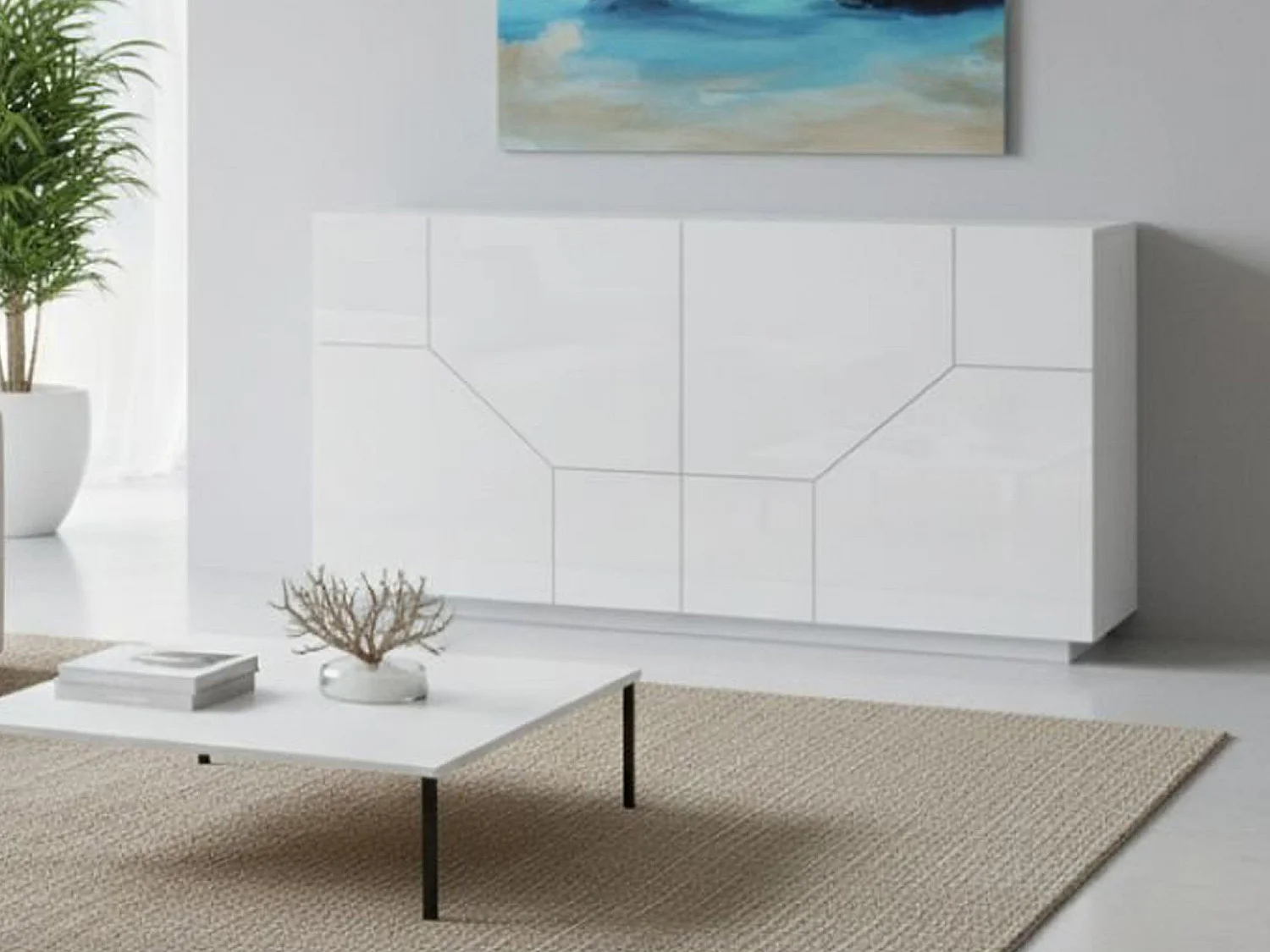Buffet Dmeron, Buffet de cuisine 4 portes, Buffet de salon, 100% Made in Italy, 200x43h86 cm, Blanc brillant