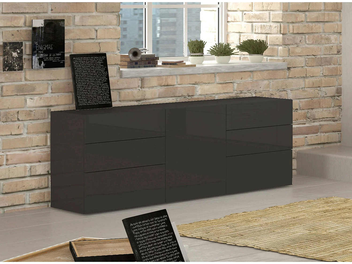 Buffet Dciss, Buffet de cuisine avec 1 porte et 6 tiroirs, Buffet de salon, Buffet de cuisine, 100% Made in Italy, 170x40h35 cm, Anthracite Brillant