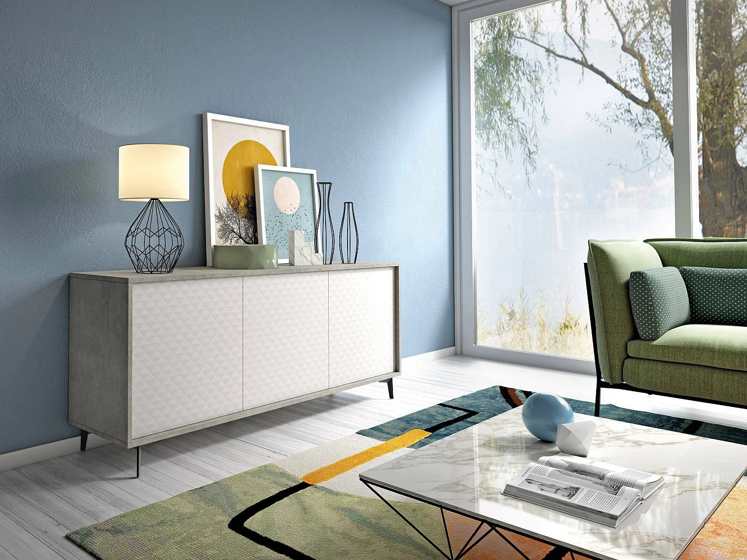 Buffet Ddemm, Buffet avec 3 portes et 1 étagère réglable, Buffet de salon élégant, Meuble TV, 100% Made in Italy, 184x45h77 cm, Blanc et Ciment