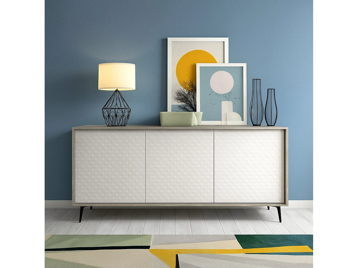 Buffet Ddemm, Buffet avec 3 portes et 1 étagère réglable, Buffet de salon élégant, Meuble TV, 100% Made in Italy, 184x45h77 cm, Blanc et Ciment