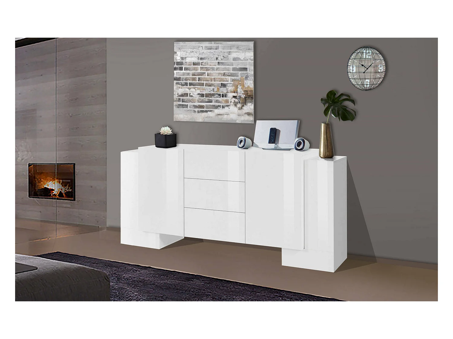Kommode Dcuom, Küchen-Sideboard mit 2 Türen und 3 Schubladen, Wohnzimmer-Buffet, Küchen-Sideboard, 100% Made in Italy, cm 210x45h85, glänzend weiß