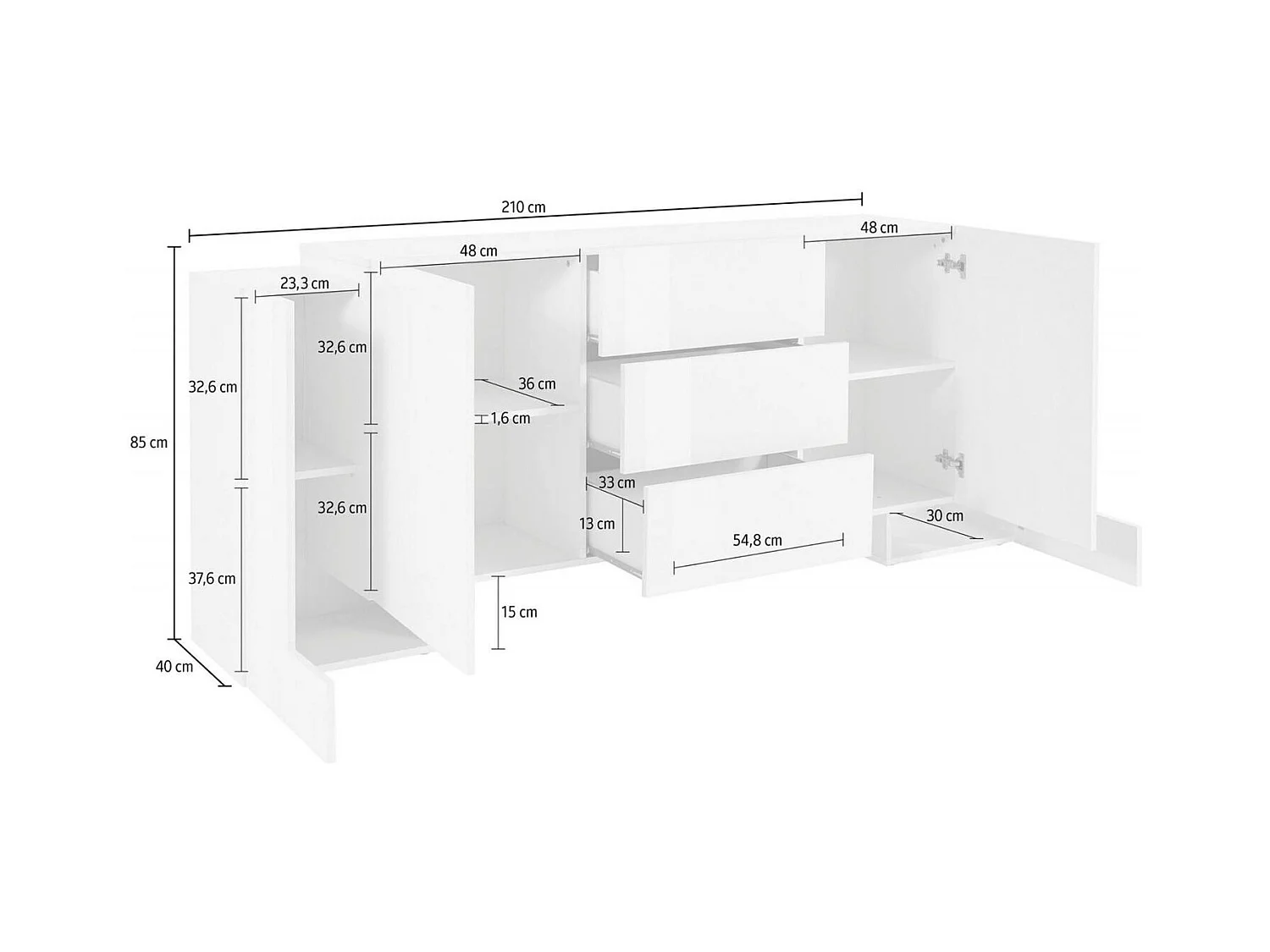 Kommode Dcuom, Küchen-Sideboard mit 2 Türen und 3 Schubladen, Wohnzimmer-Buffet, Küchen-Sideboard, 100% Made in Italy, cm 210x45h85, glänzend weiß