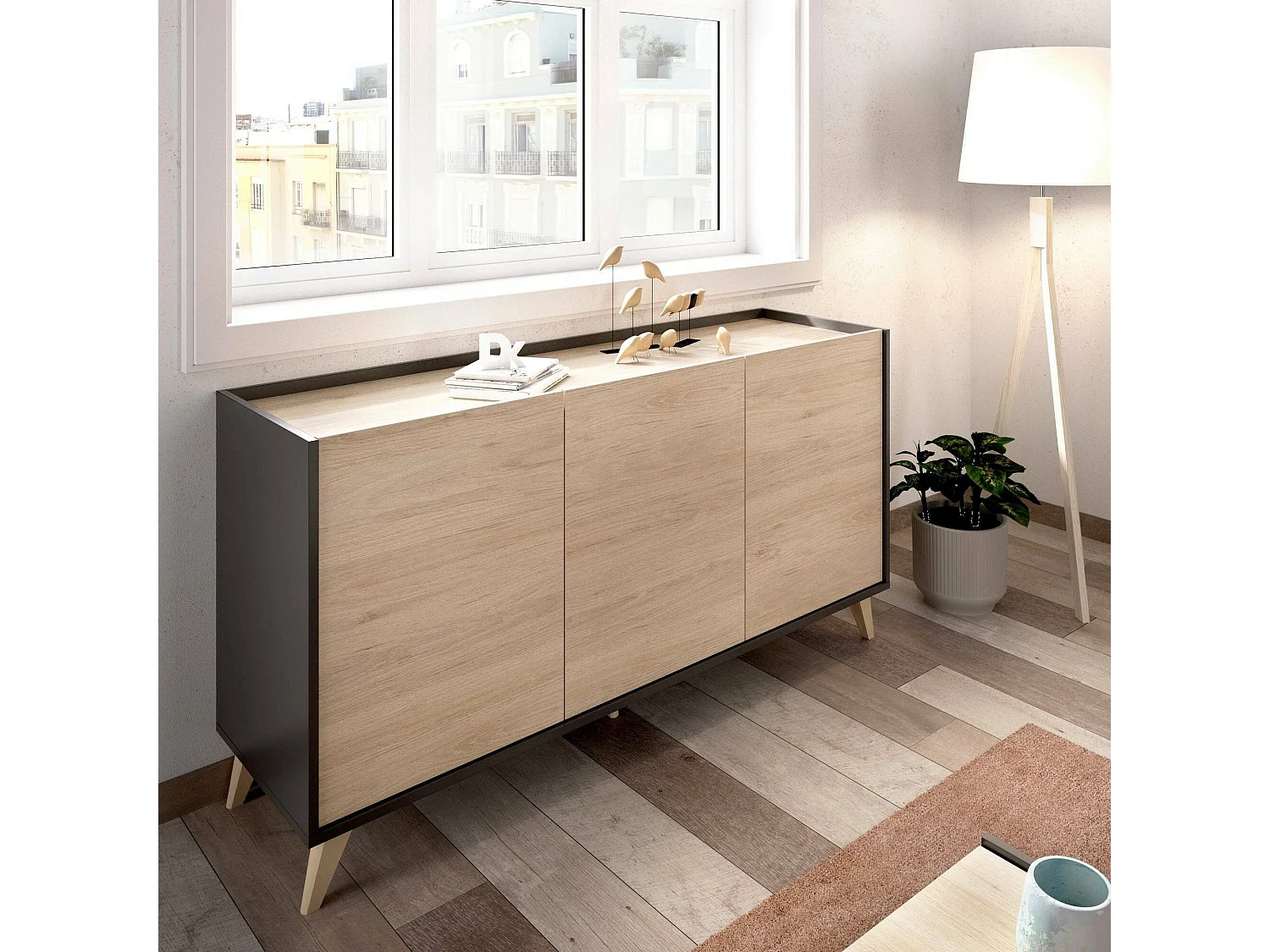 Sideboard Dadop, Buffet für Wohnzimmer, Modernes Sideboard für Wohnzimmer mit 3 Türen, 155x43h75 cm, Eiche und Anthrazit