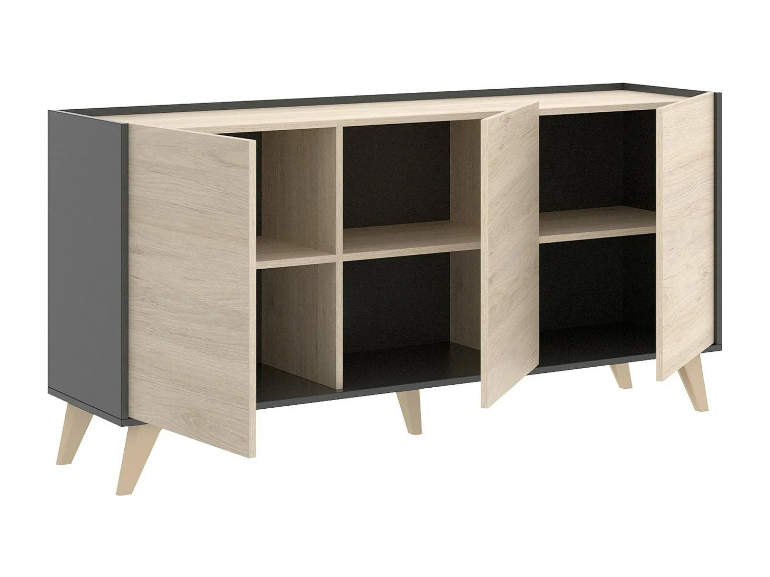 Sideboard Dadop, Buffet für Wohnzimmer, Modernes Sideboard für Wohnzimmer mit 3 Türen, 155x43h75 cm, Eiche und Anthrazit