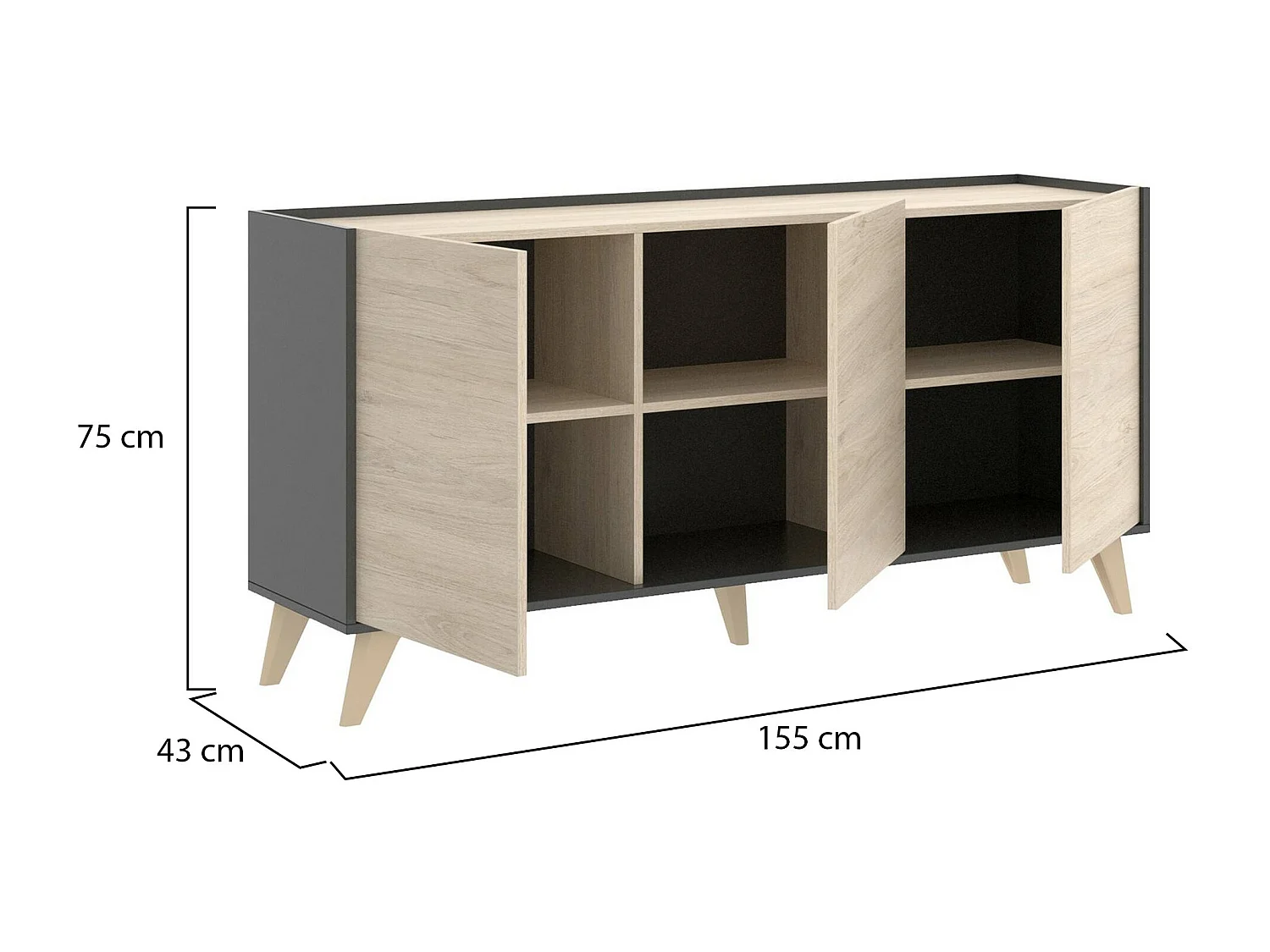 Sideboard Dadop, Buffet für Wohnzimmer, Modernes Sideboard für Wohnzimmer mit 3 Türen, 155x43h75 cm, Eiche und Anthrazit