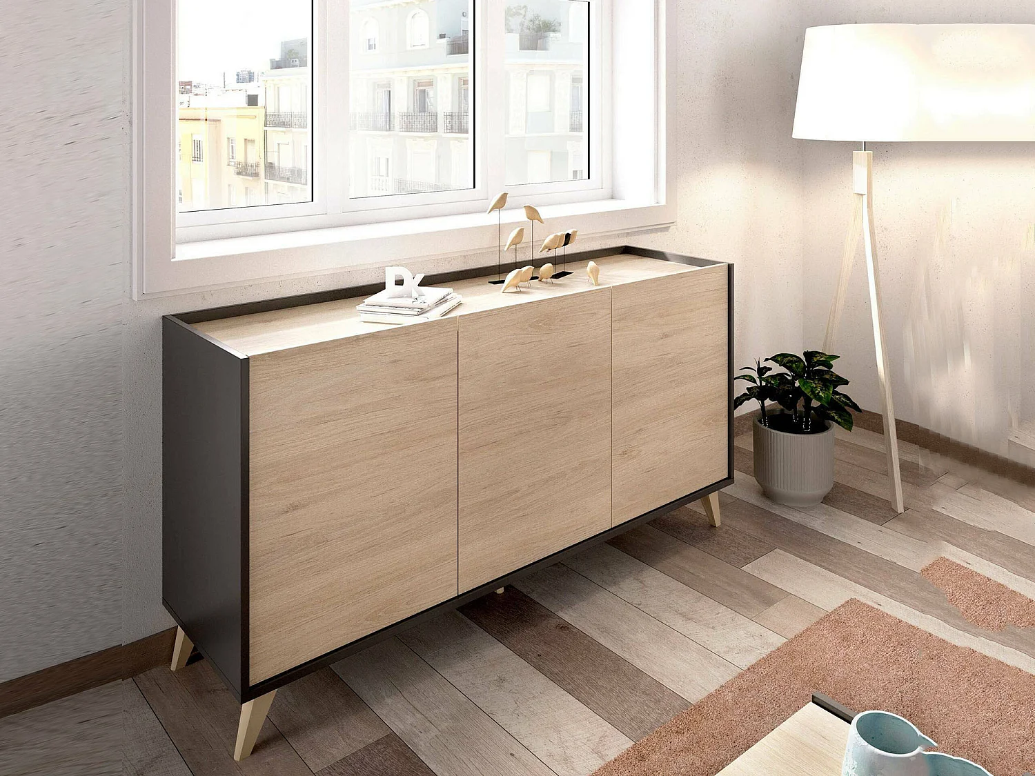 Buffet Dadop-vous, Buffet de salon, Buffet de salon moderne avec 3 portes, 155x43h75 cm, Chêne et Anthracite