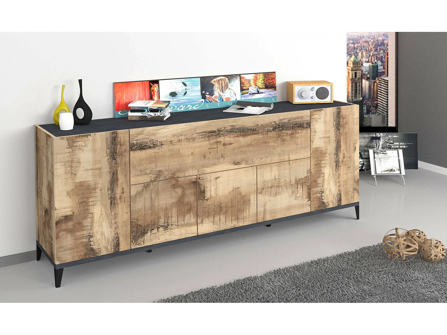 Buffet Dnatal, Buffet de cuisine 6 portes, Buffet de salon, 100% Made in Italy, 200x40h82 cm, Ardoise et Érable