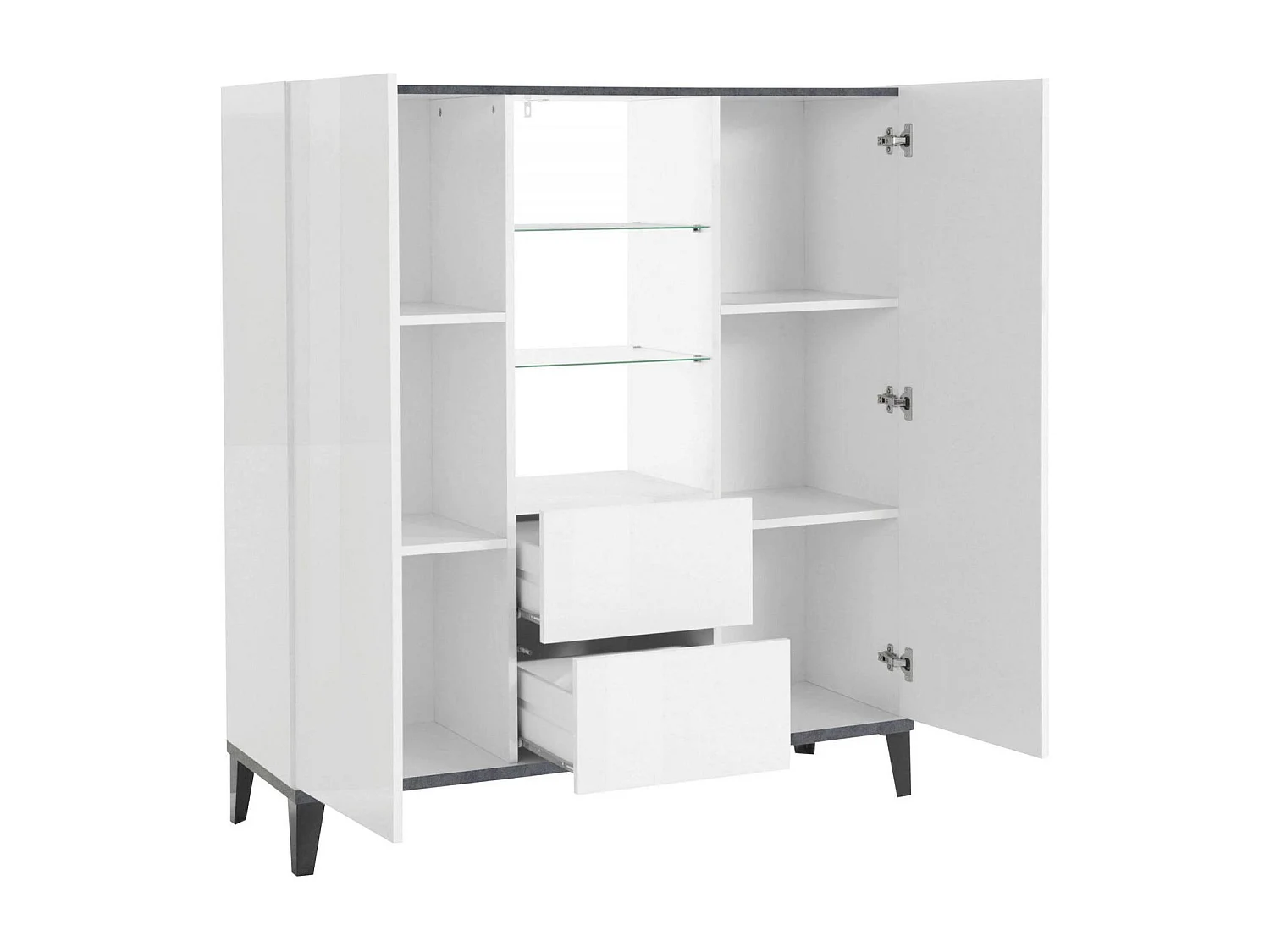 Dla dressoir, Keukendressoir met 2 deuren en 2 laden, Woonkamerbuffet, 100% Made in Italy, 120x40h133 cm, Glanzend wit en leisteen