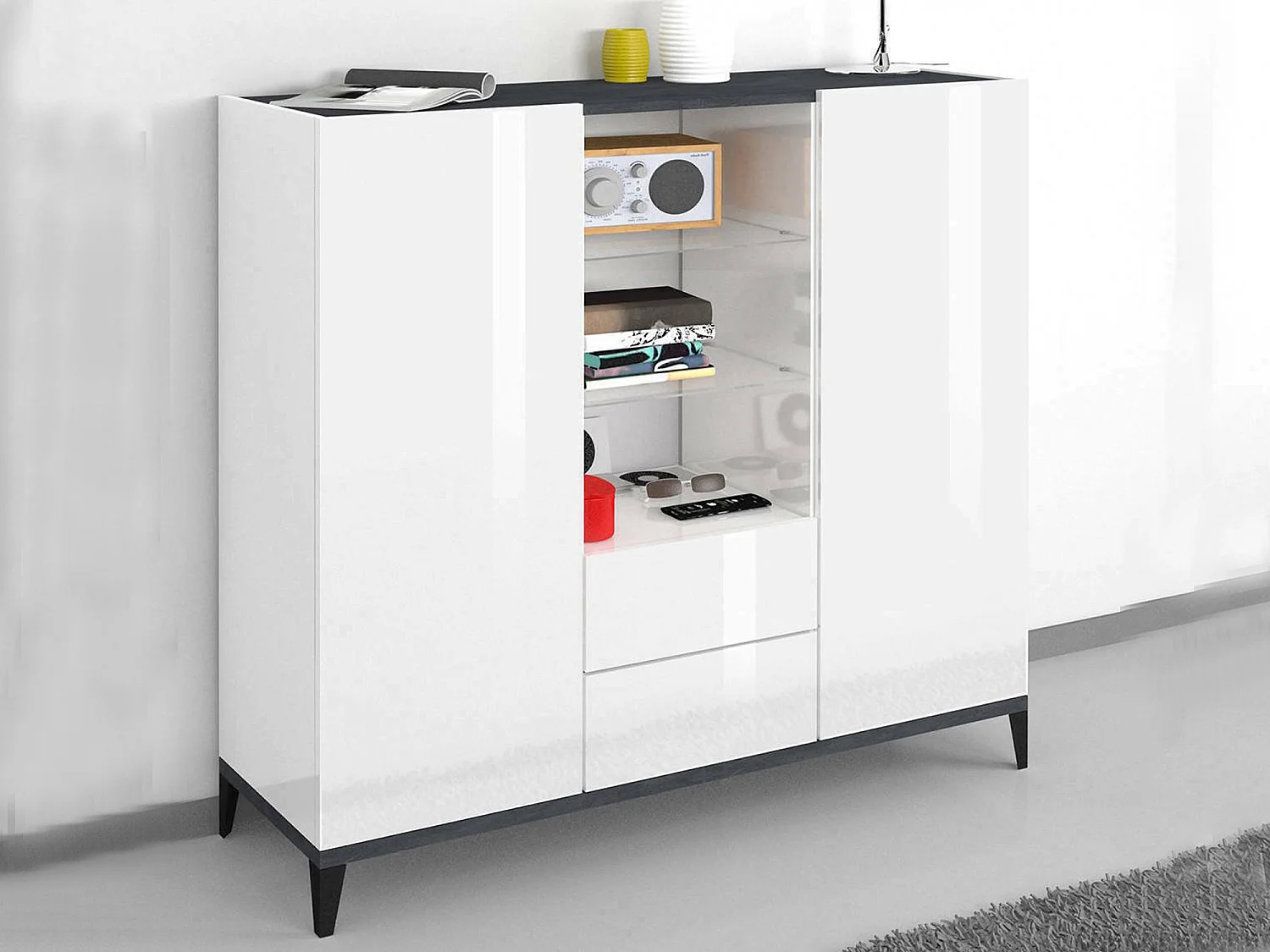 Buffet Dla, Buffet de cuisine avec 2 portes et 2 tiroirs, Buffet de salon, 100% Made in Italy, 120x40h133 cm, Blanc brillant et ardoise