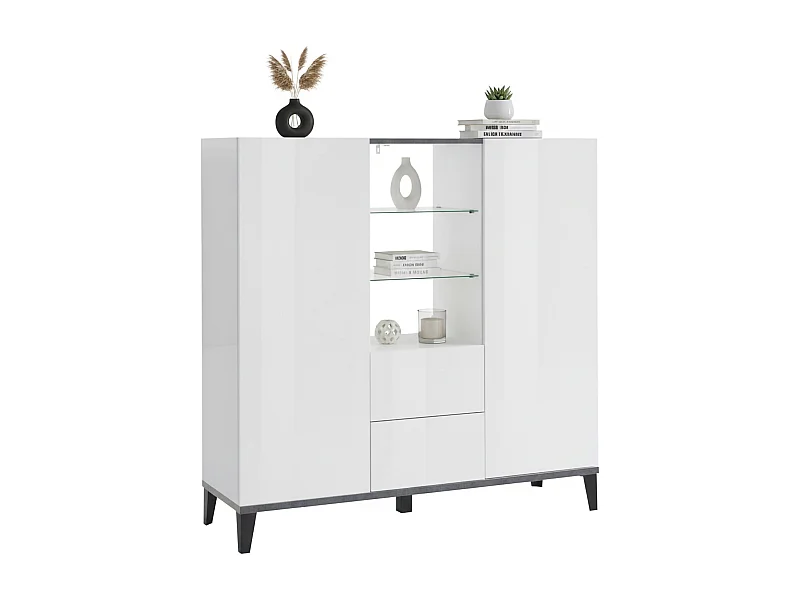 Aparador Dla, Aparador de cocina con 2 puertas y 2 cajones, Buffet de salón, 100% Made in Italy, cm 120x40h133, Blanco brillo y Pizarra