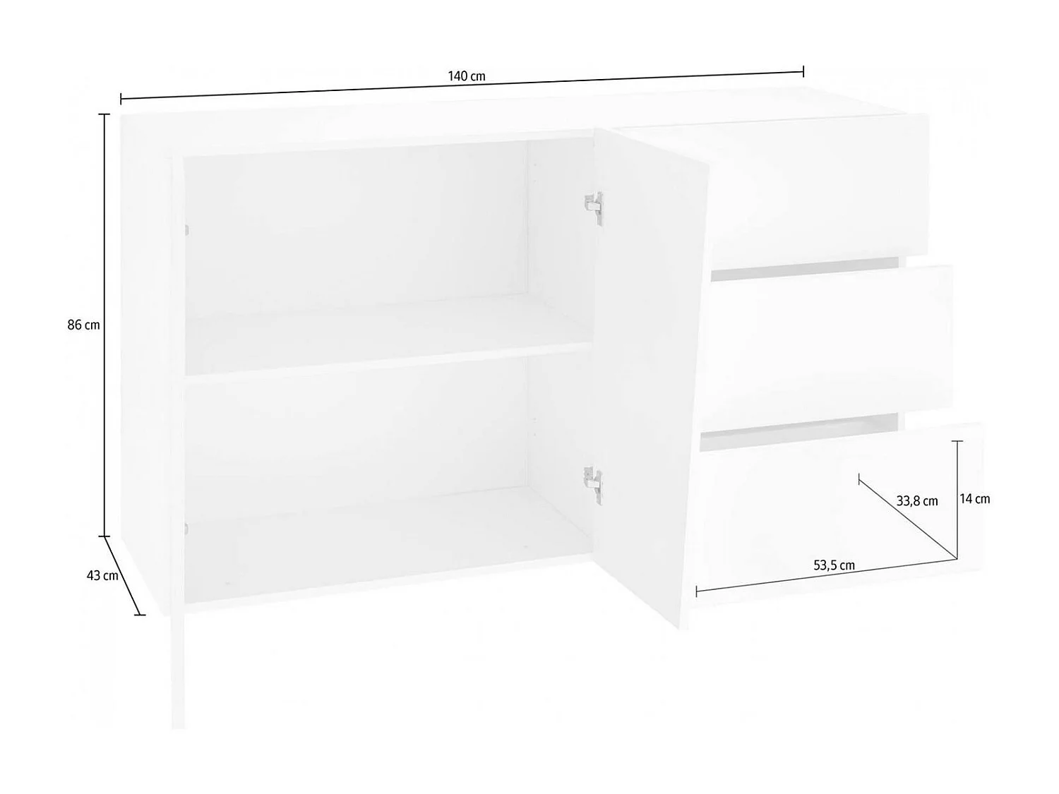 Buffet Dficagn, Buffet de cuisine avec 2 portes et 3 tiroirs, Buffet de salon, 100% Made in Italy, 141x43h86 cm, Blanc brillant