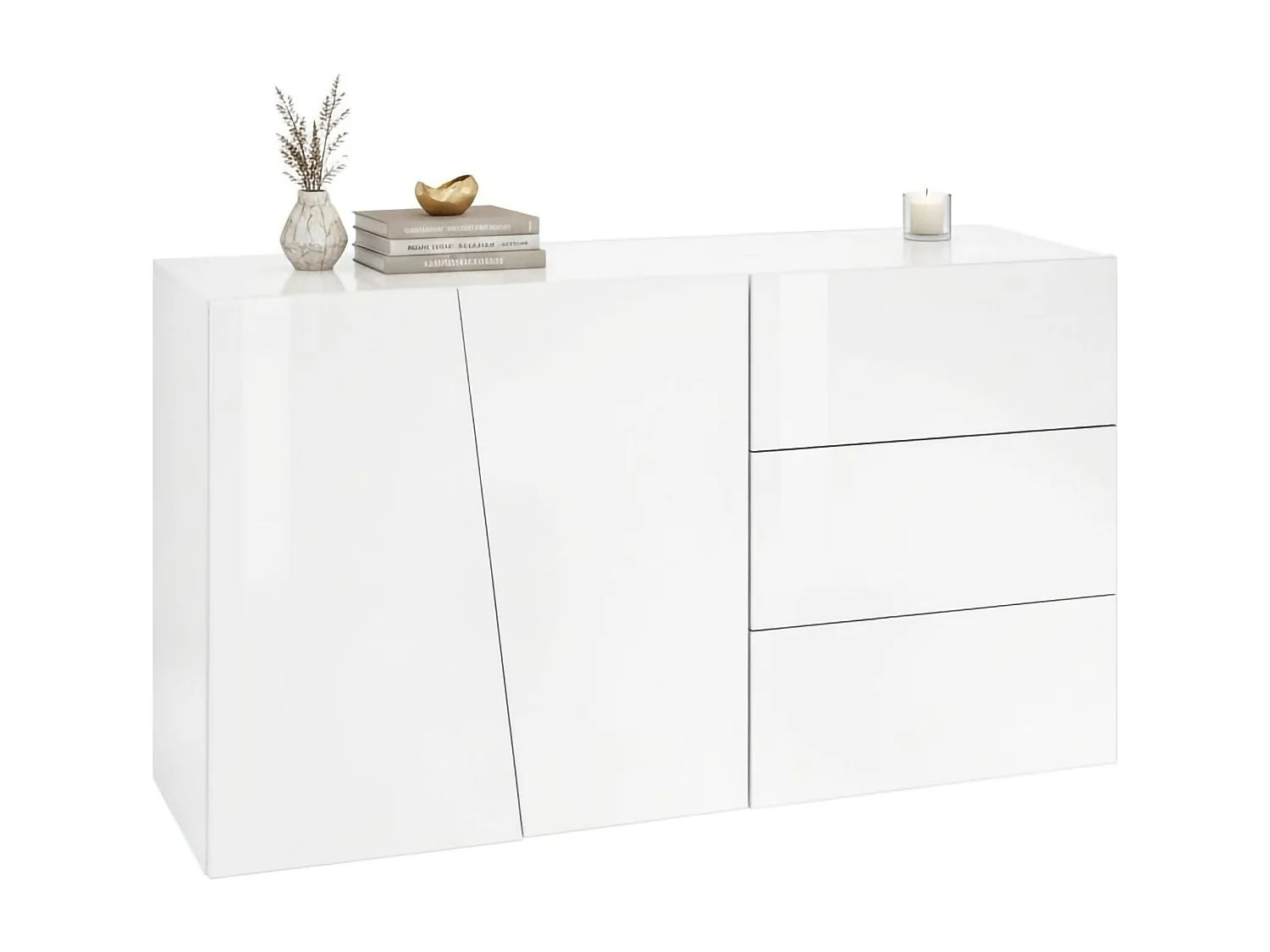 Buffet Dficagn, Buffet de cuisine avec 2 portes et 3 tiroirs, Buffet de salon, 100% Made in Italy, 141x43h86 cm, Blanc brillant