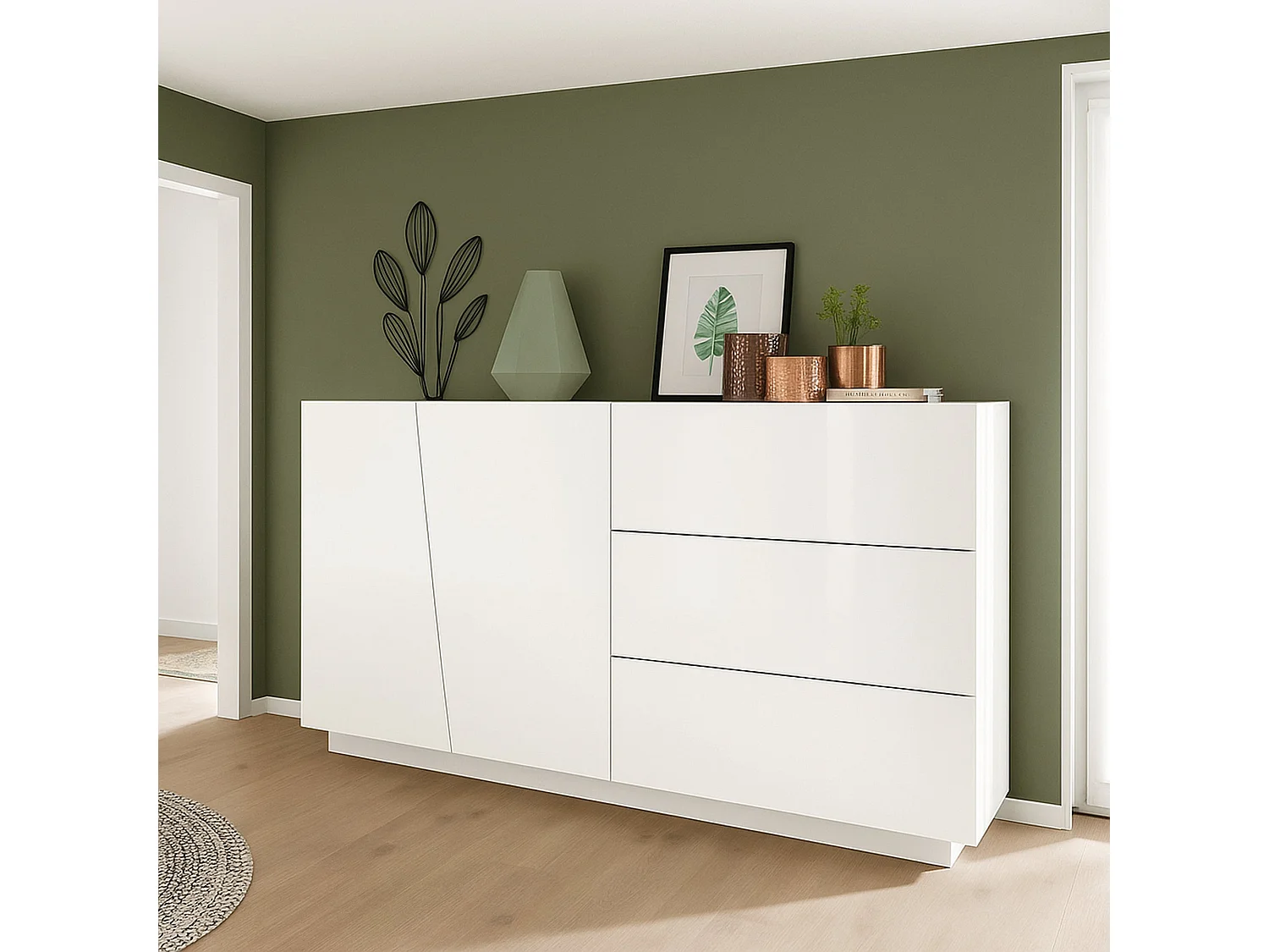 Buffet Dficagn, Buffet de cuisine avec 2 portes et 3 tiroirs, Buffet de salon, 100% Made in Italy, 141x43h86 cm, Blanc brillant