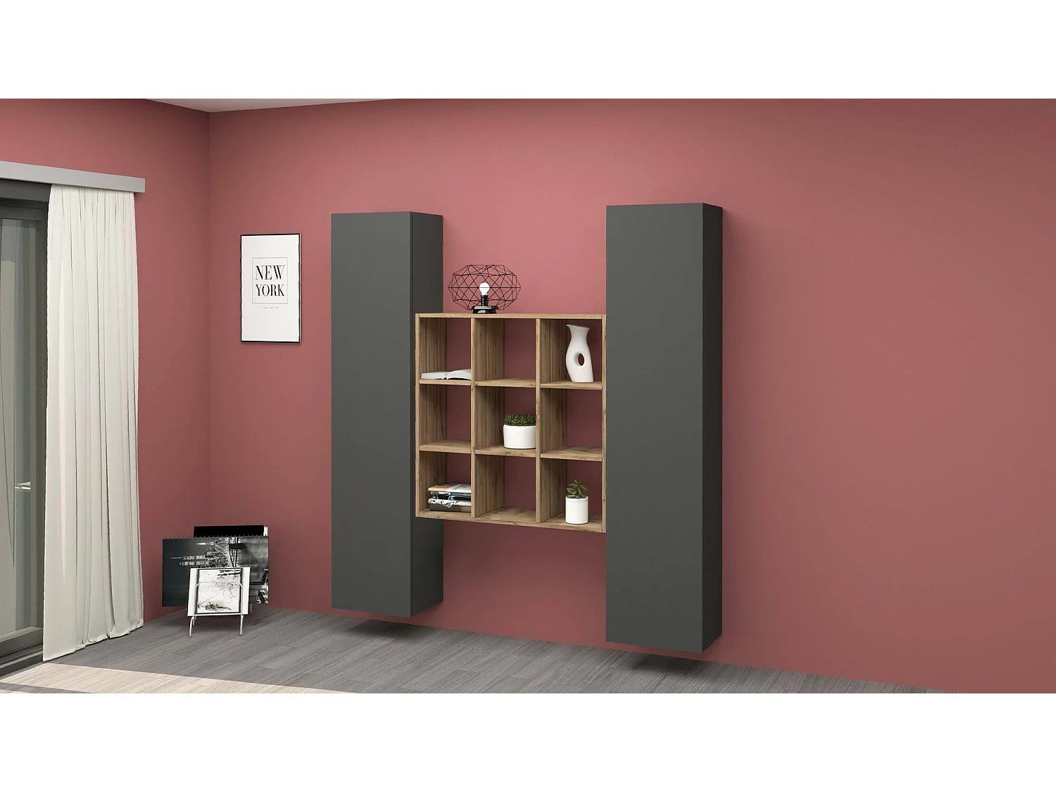 Kommode Ddacru, Wohnzimmer-Set mit 2 Türen und Regalen, Wohnzimmer-Buffet, Küchen-Sideboard, 100% Made in Italy, cm 170x30h180, Anthrazit und Ahorn