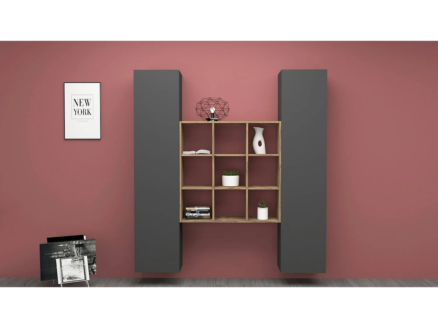 Buffet Ddacru, Ensemble de salon avec 2 portes et étagères, Buffet de salon, Buffet de cuisine, 100% Made in Italy, 170x30h180 cm, Anthracite et Érable