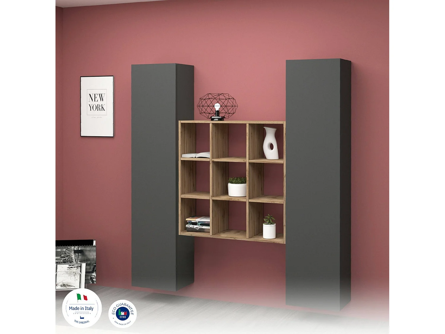 Kommode Ddacru, Wohnzimmer-Set mit 2 Türen und Regalen, Wohnzimmer-Buffet, Küchen-Sideboard, 100% Made in Italy, cm 170x30h180, Anthrazit und Ahorn