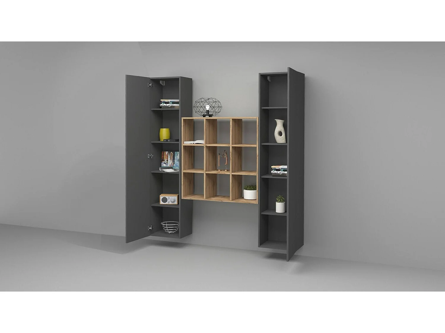 Kommode Ddacru, Wohnzimmer-Set mit 2 Türen und Regalen, Wohnzimmer-Buffet, Küchen-Sideboard, 100% Made in Italy, cm 170x30h180, Anthrazit und Ahorn