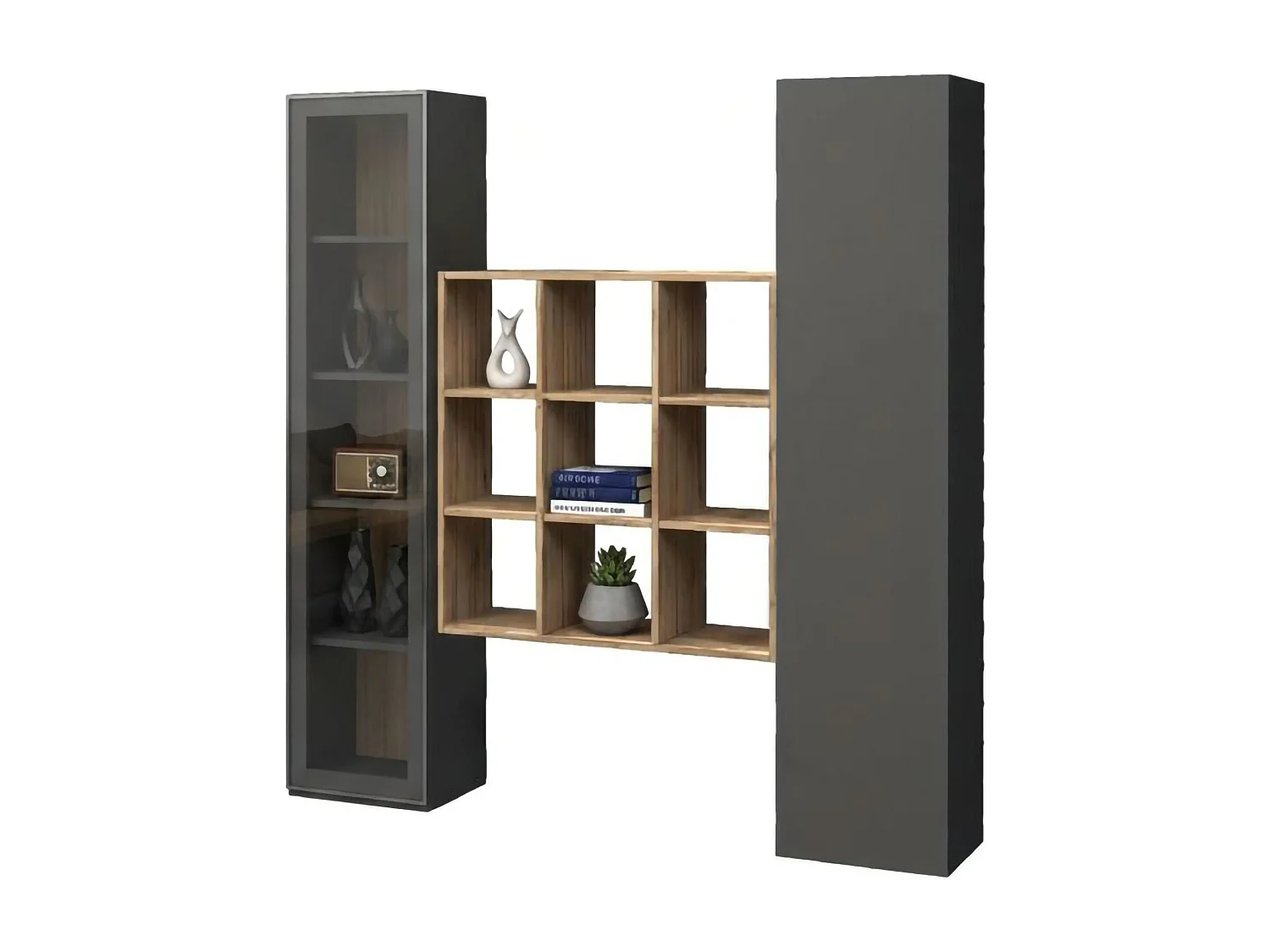 Ddacru Dressoir, Woonkamerset met 2 deuren en planken, Woonkamerbuffet, Keukendressoir, 100% Made in Italy, 170x30h180 cm, Antraciet en Esdoorn