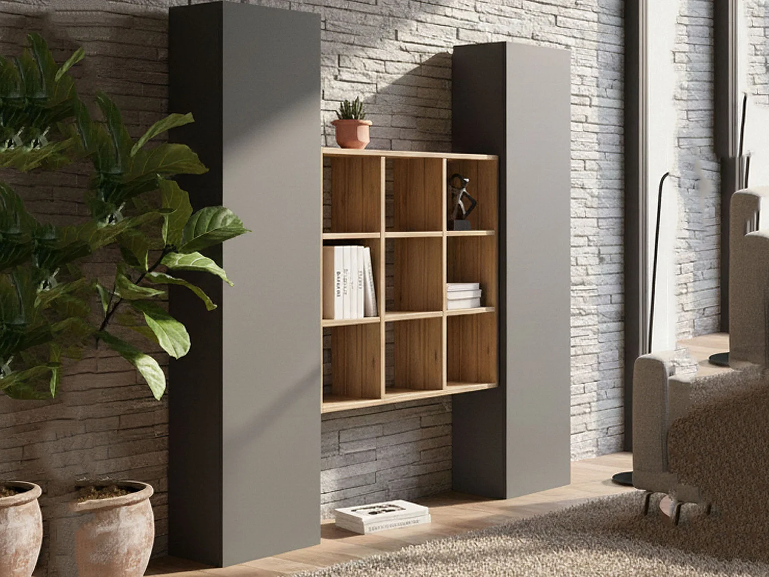 Buffet Ddacru, Ensemble de salon avec 2 portes et étagères, Buffet de salon, Buffet de cuisine, 100% Made in Italy, 170x30h180 cm, Anthracite et Érable