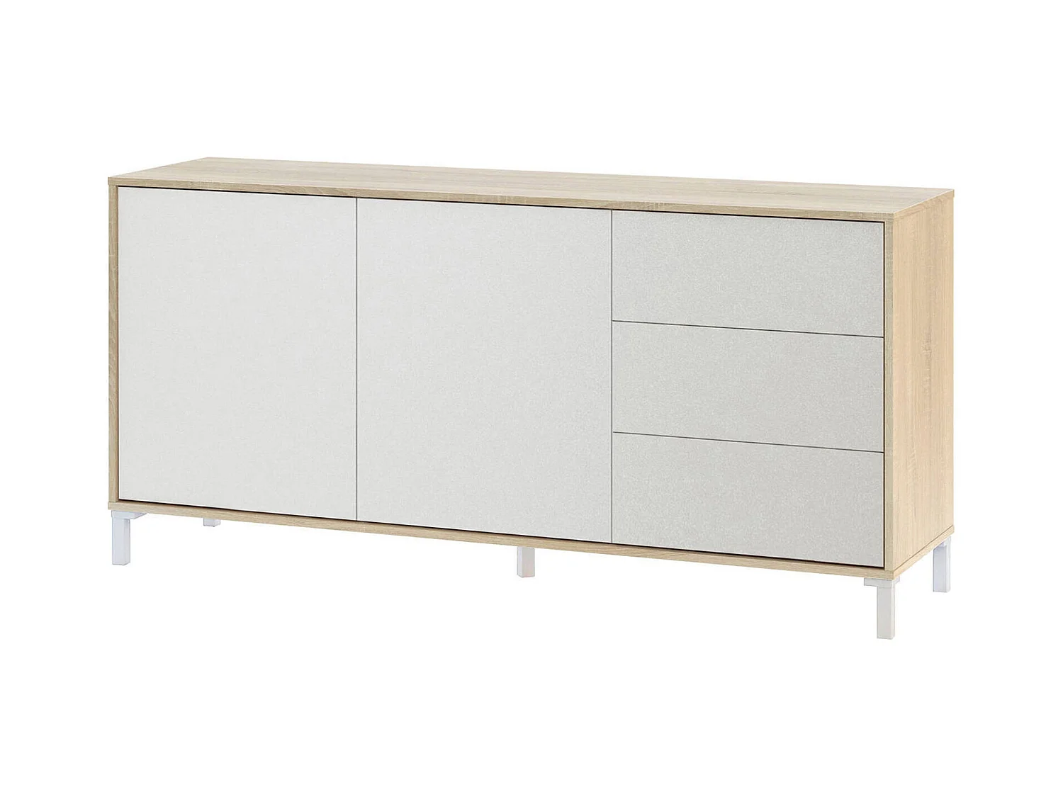 Buffet Dbog, Buffet de salon, Meuble TV, Armoire de salon, Buffet moderne avec 2 portes et 3 tiroirs, 154x41h74 cm, Chêne et Blanc