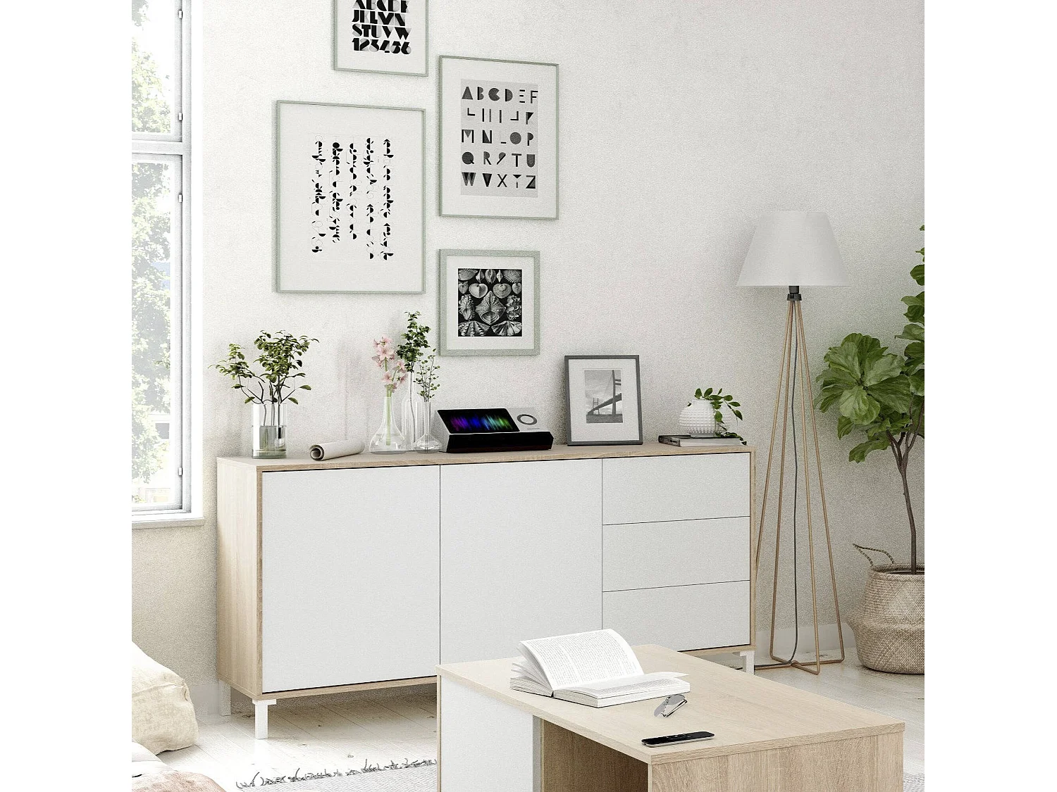 Buffet Dbog, Buffet de salon, Meuble TV, Armoire de salon, Buffet moderne avec 2 portes et 3 tiroirs, 154x41h74 cm, Chêne et Blanc