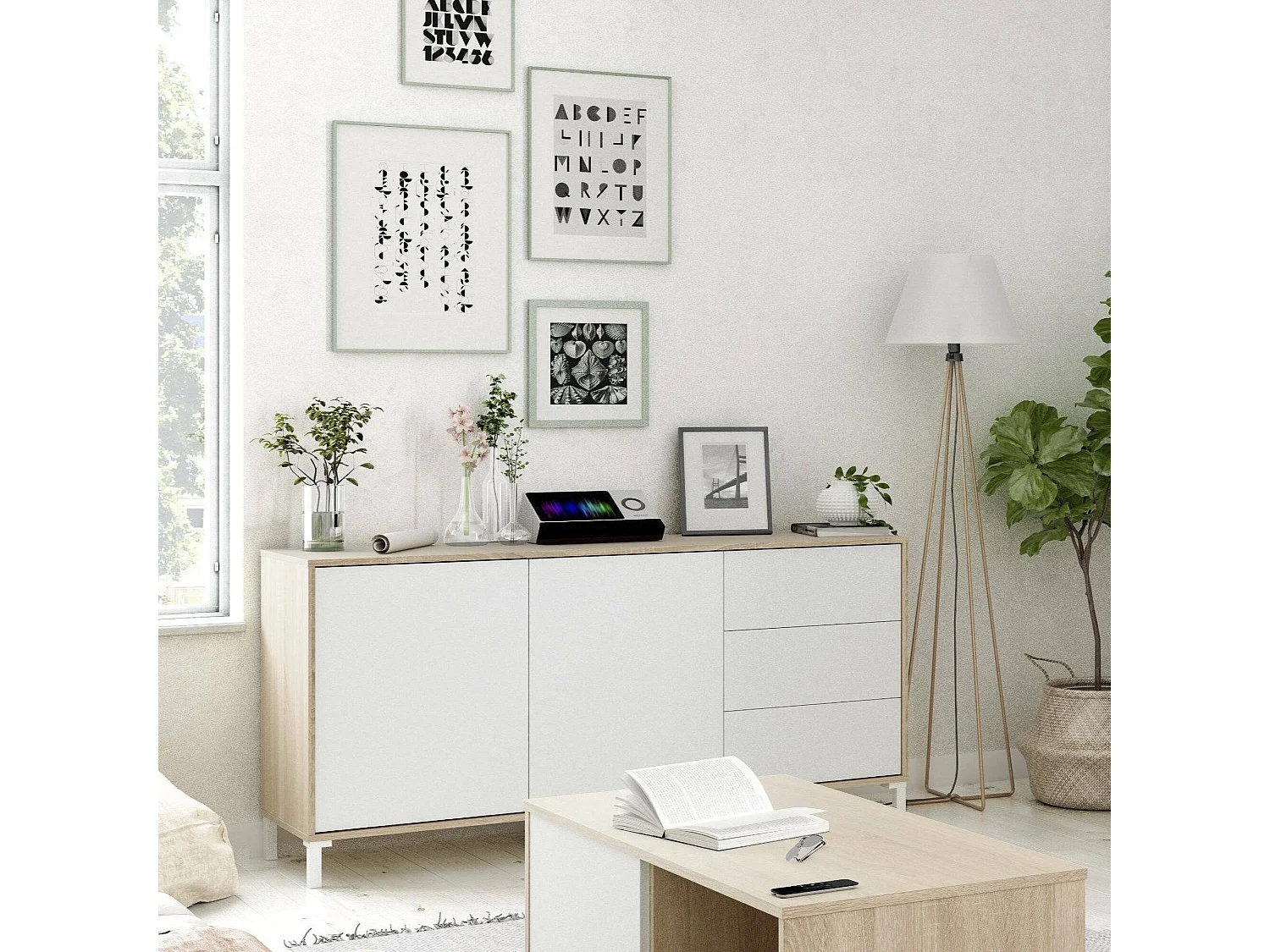 Buffet Dbog, Buffet de salon, Meuble TV, Armoire de salon, Buffet moderne avec 2 portes et 3 tiroirs, 154x41h74 cm, Chêne et Blanc