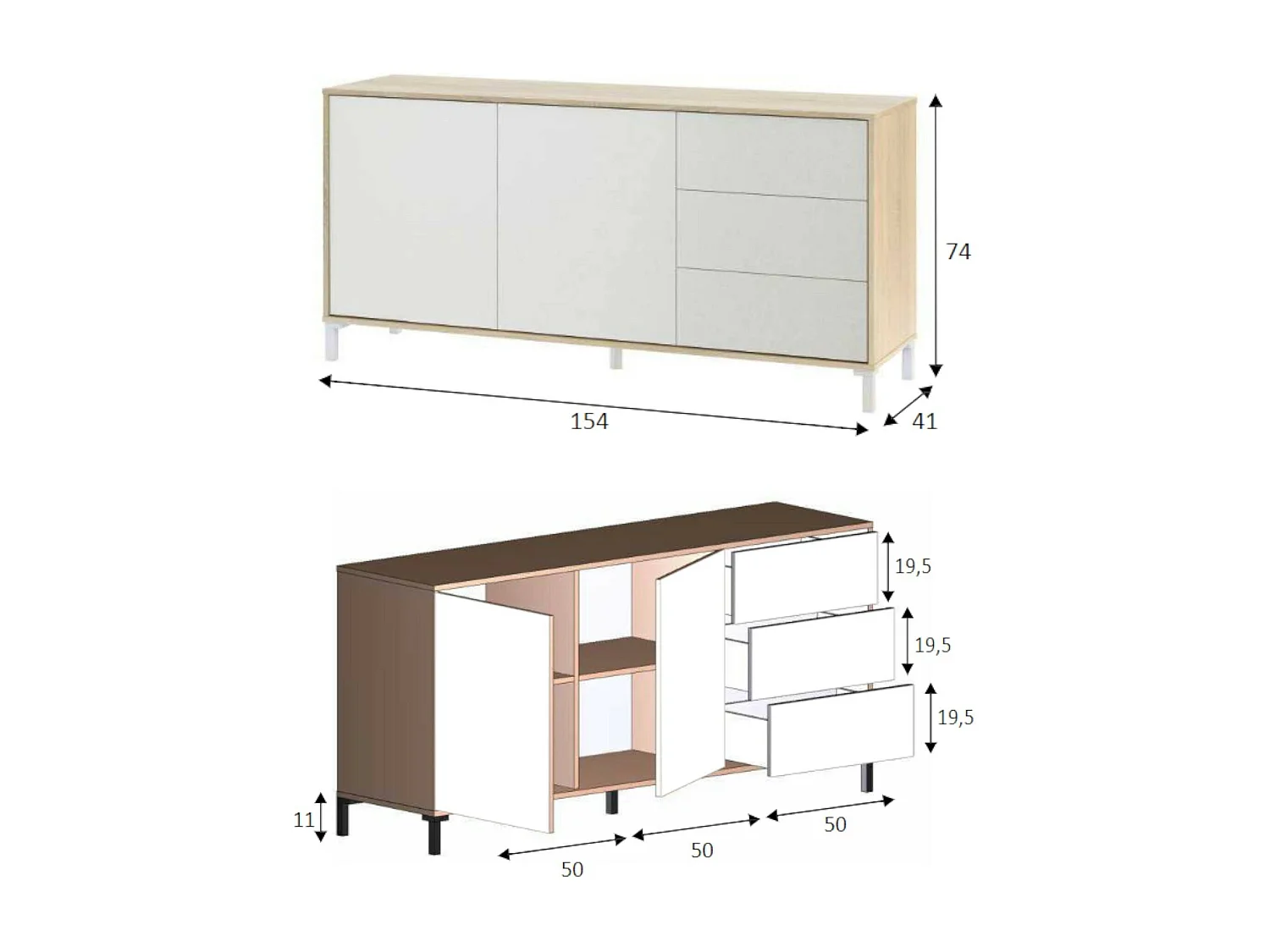 Buffet Dbog, Buffet de salon, Meuble TV, Armoire de salon, Buffet moderne avec 2 portes et 3 tiroirs, 154x41h74 cm, Chêne et Blanc
